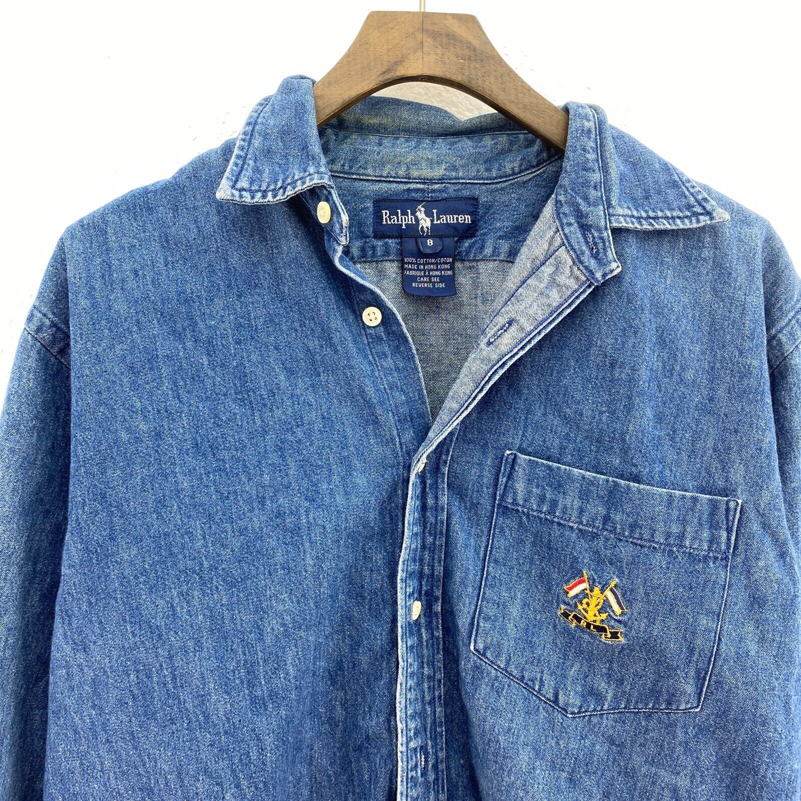 Ralph Lauren Button Up Single Embroidered Pocket Denim Blue Shirt Size 8 Women's