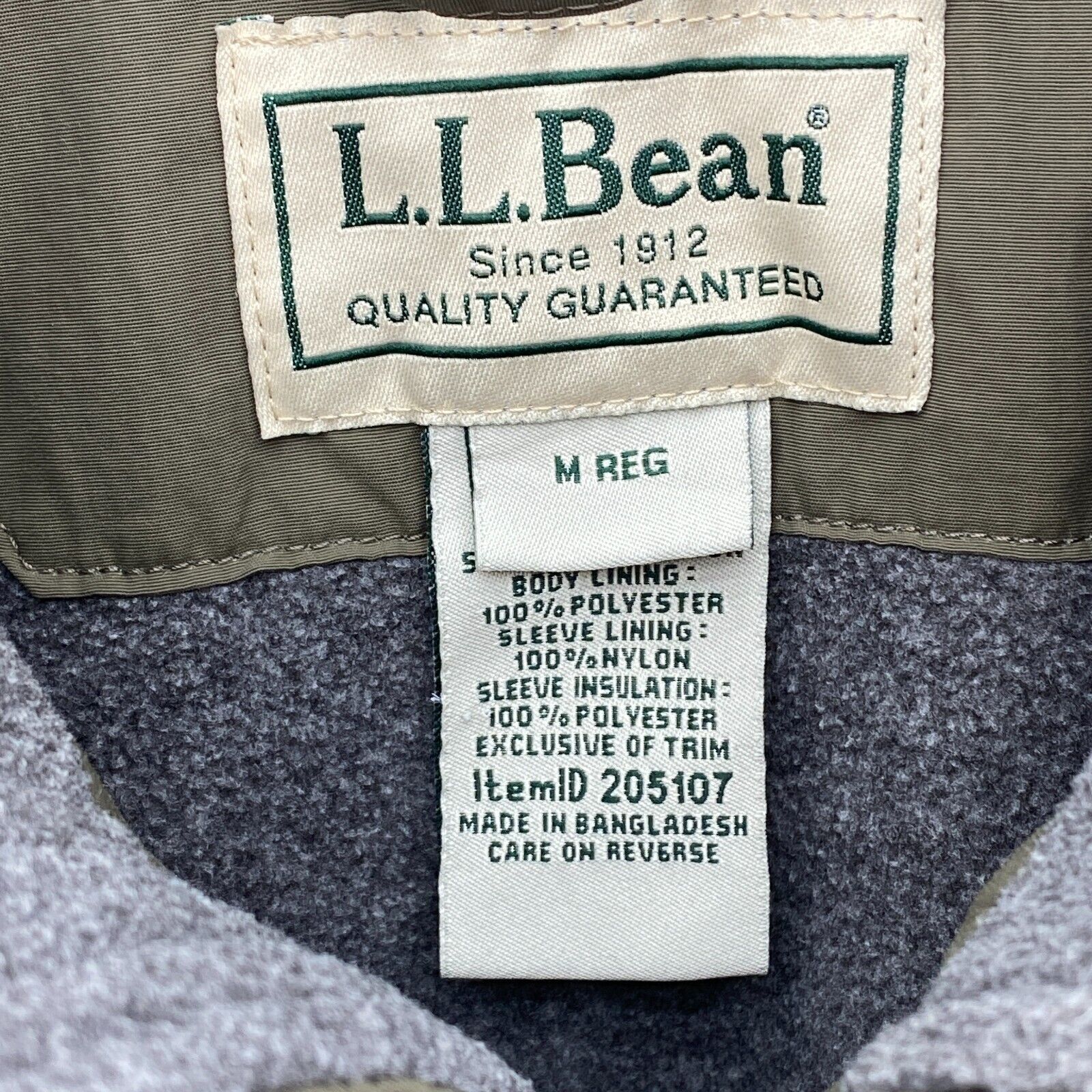 L.L.Bean Earth Tone Warm Up Green Full Zip Fleece Lined Bomber Jacket Size M