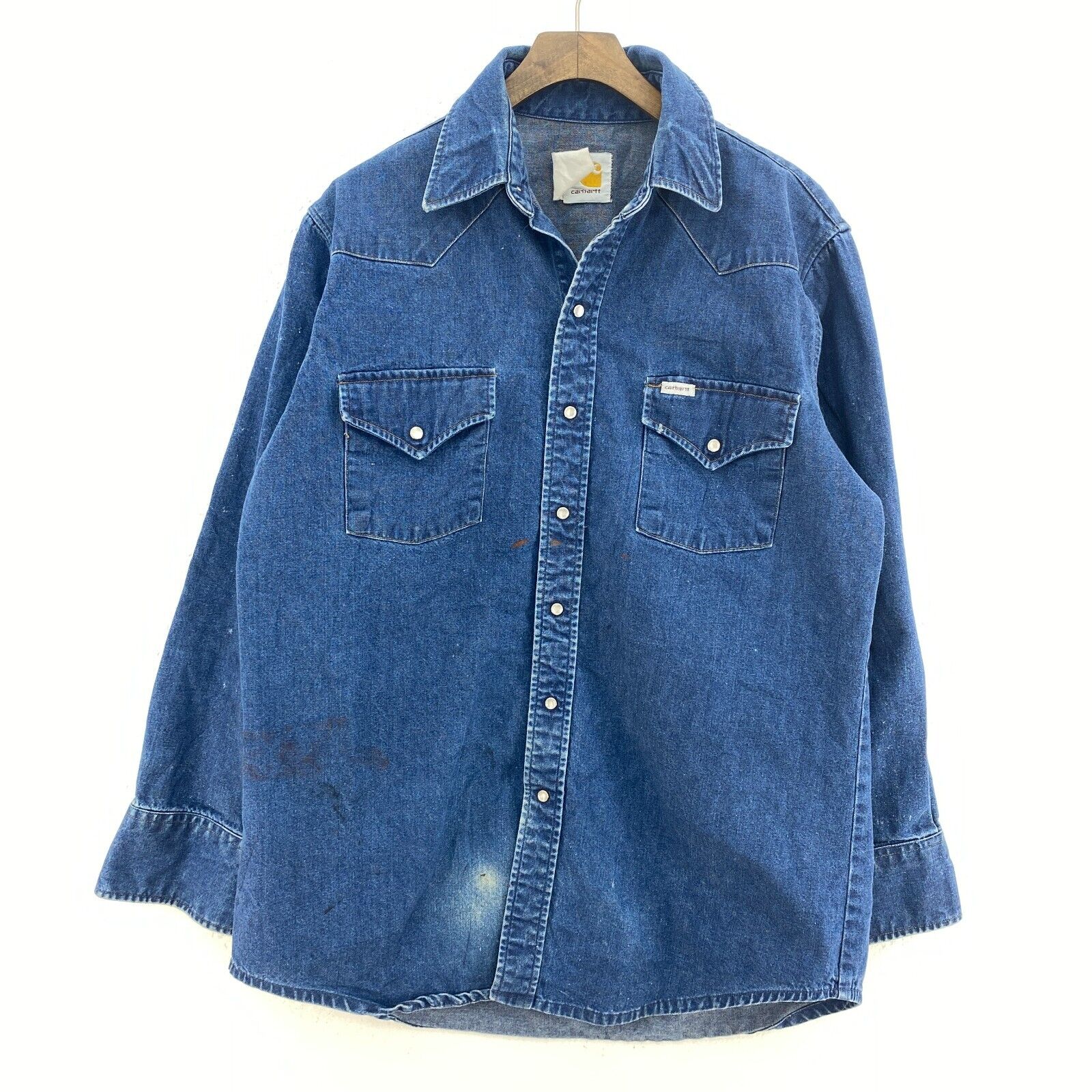 Vintage Carhartt Double Pocket Medium Wash Blue Denim Shirt Size M