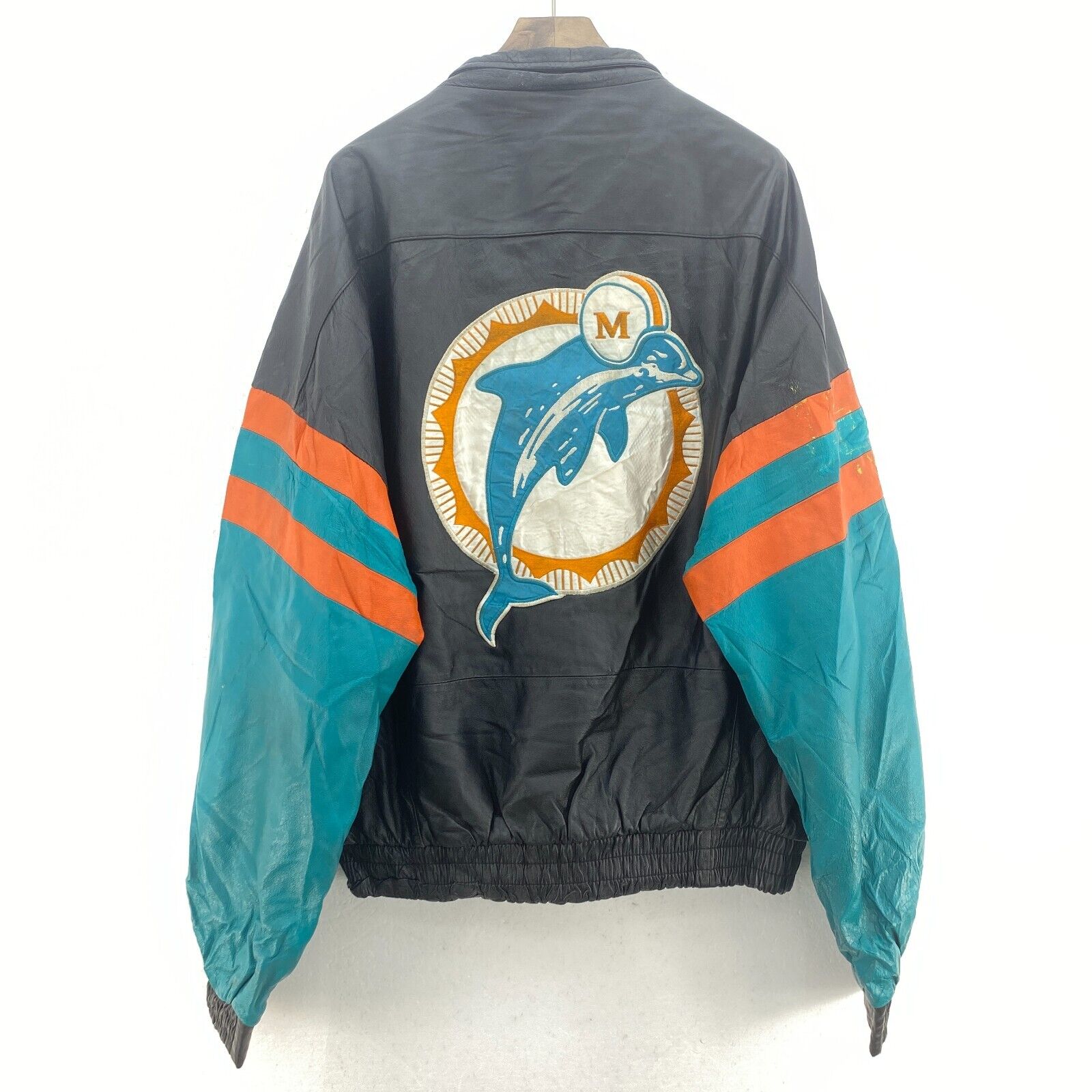Pro Player Miami Dolphins Logo NFL Vintage Leather Full Zip Jacket Size XL