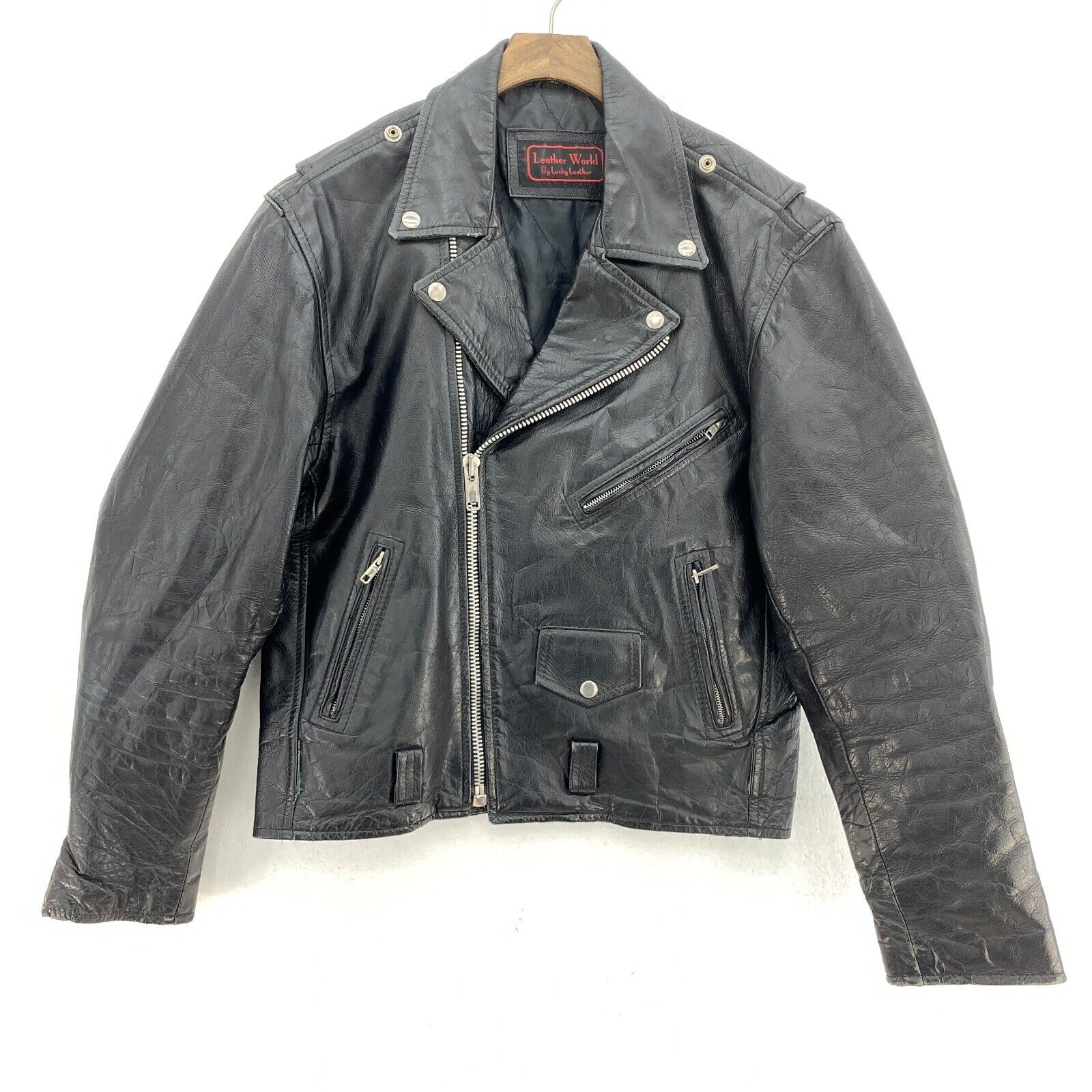 Leather World By Lucky Leather Black Biker Jacket Size 40 90s