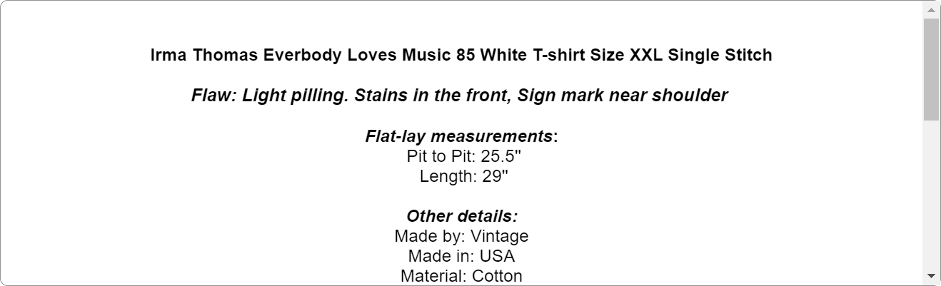 Irma Thomas Everbody Loves Music 85 White T-shirt Size XXL Single Stitch
