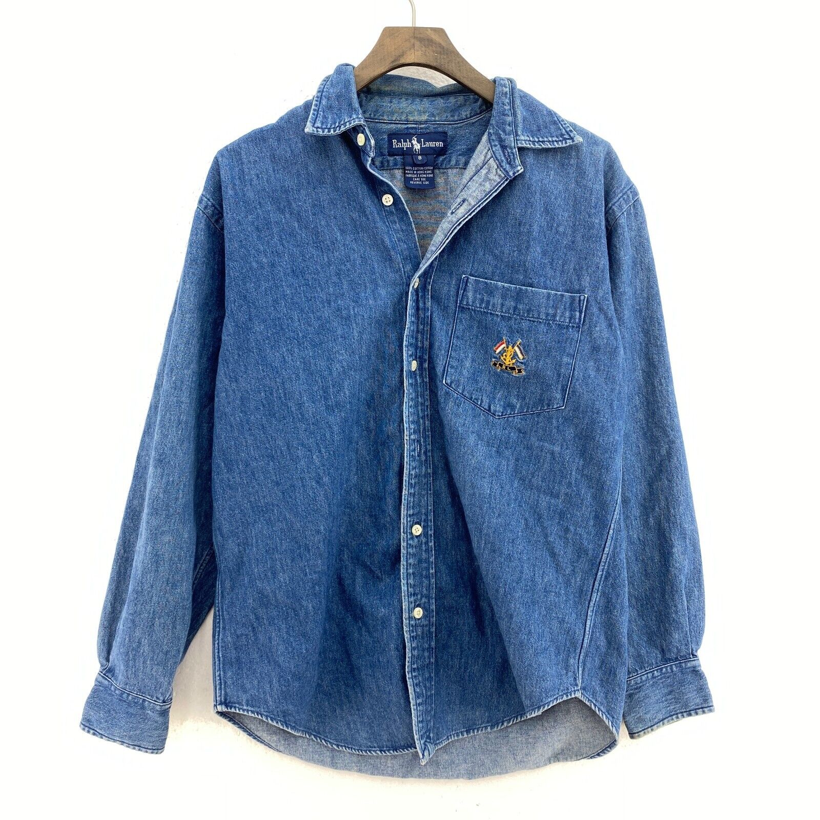 Ralph Lauren Button Up Single Embroidered Pocket Denim Blue Shirt Size 8 Women's
