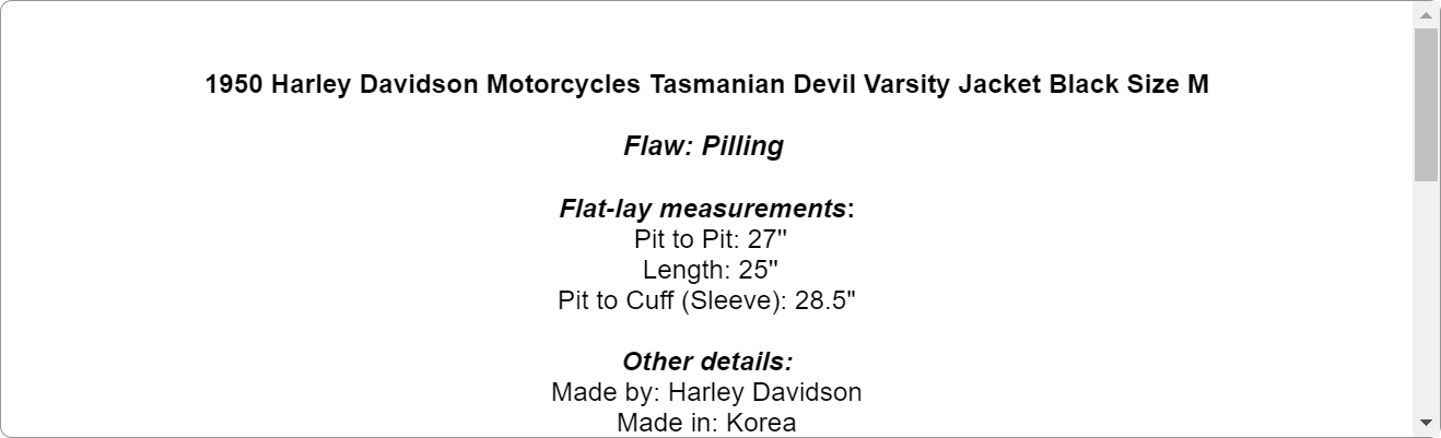 1950 Harley Davidson Motorcycles Tasmanian Devil Varsity Jacket Black Size M