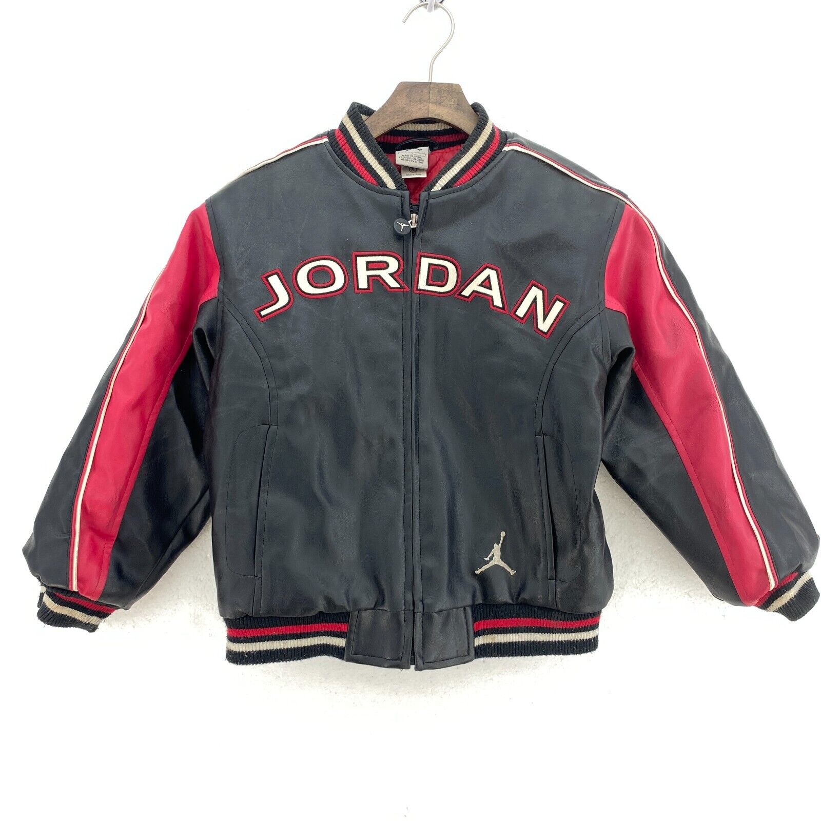 Nike Air Jordan Full Zip Black Red Leather Jacket Size S Kids