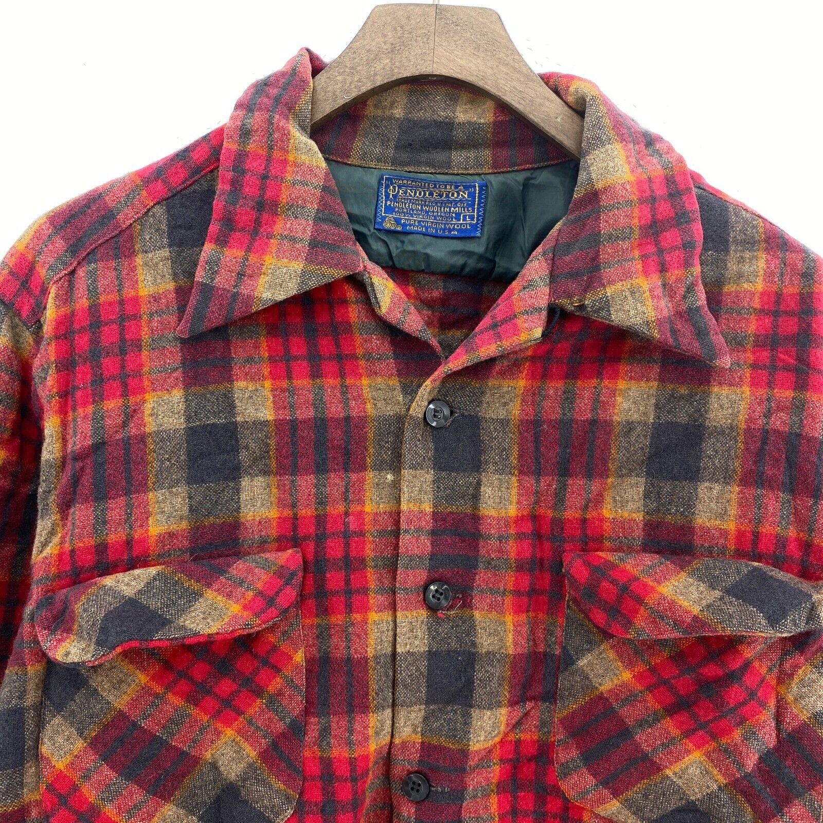 Vintage Pendleton Wool Checked Red Button Up Shirt Size L Looped Collar