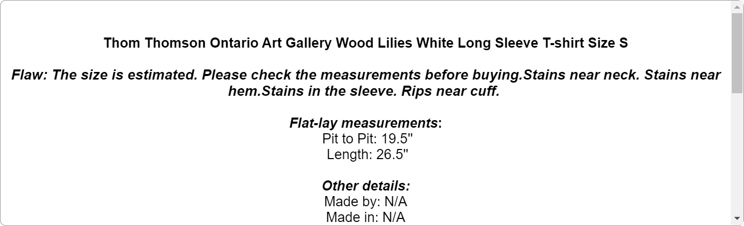 Thom Thomson Ontario Art Gallery Wood Lilies White Long Sleeve T-shirt Size S