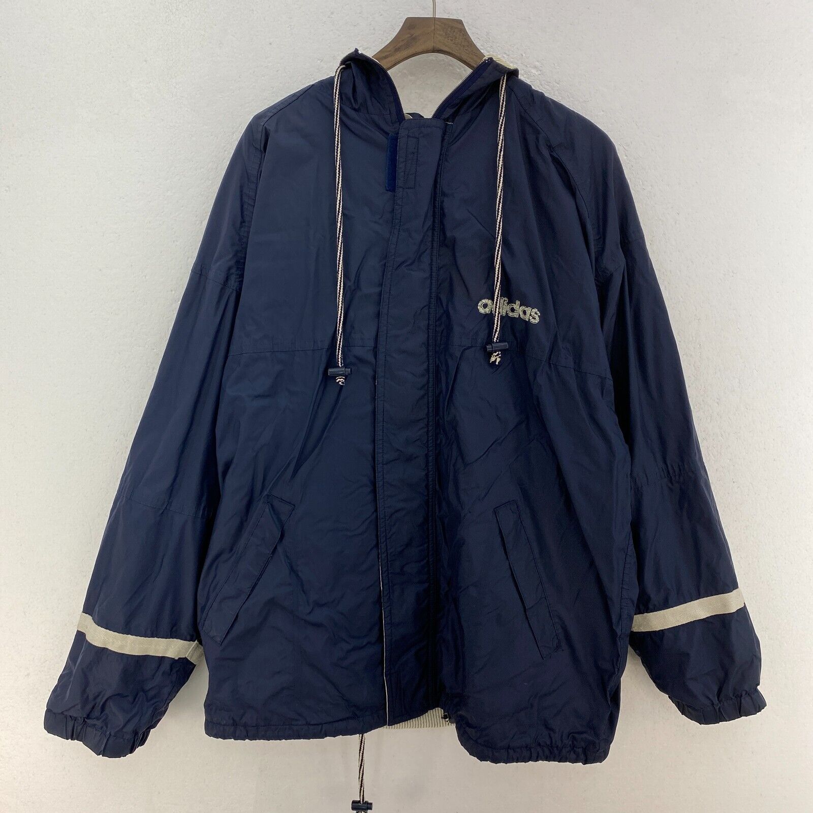 Adidas Full Zip Print Logo Hooded Textured Lined Navy Blue Light Jacket Size S