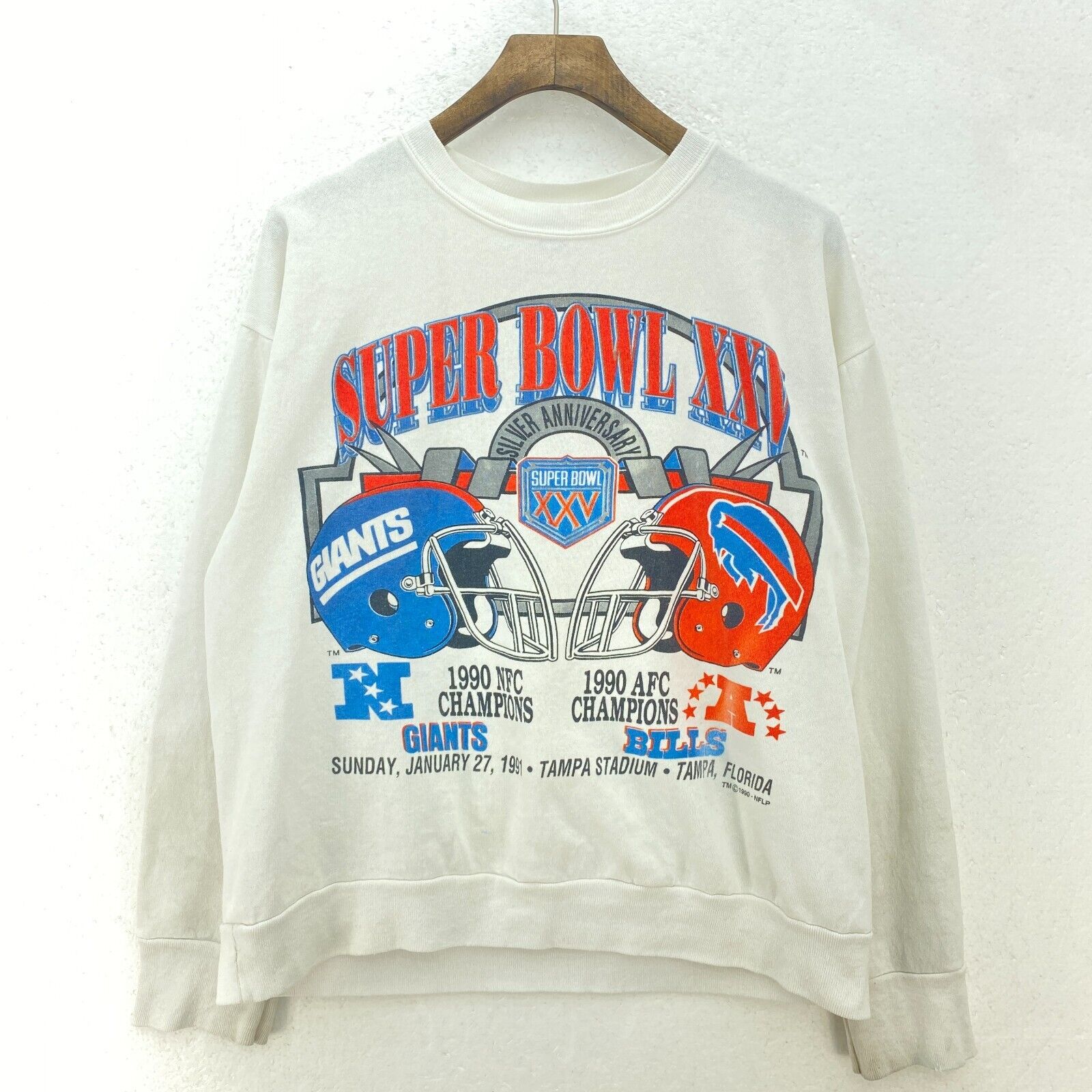 1990 NFL Super Bowl XXV New York Giants Buffalo Bills White Sweatshirt Size L