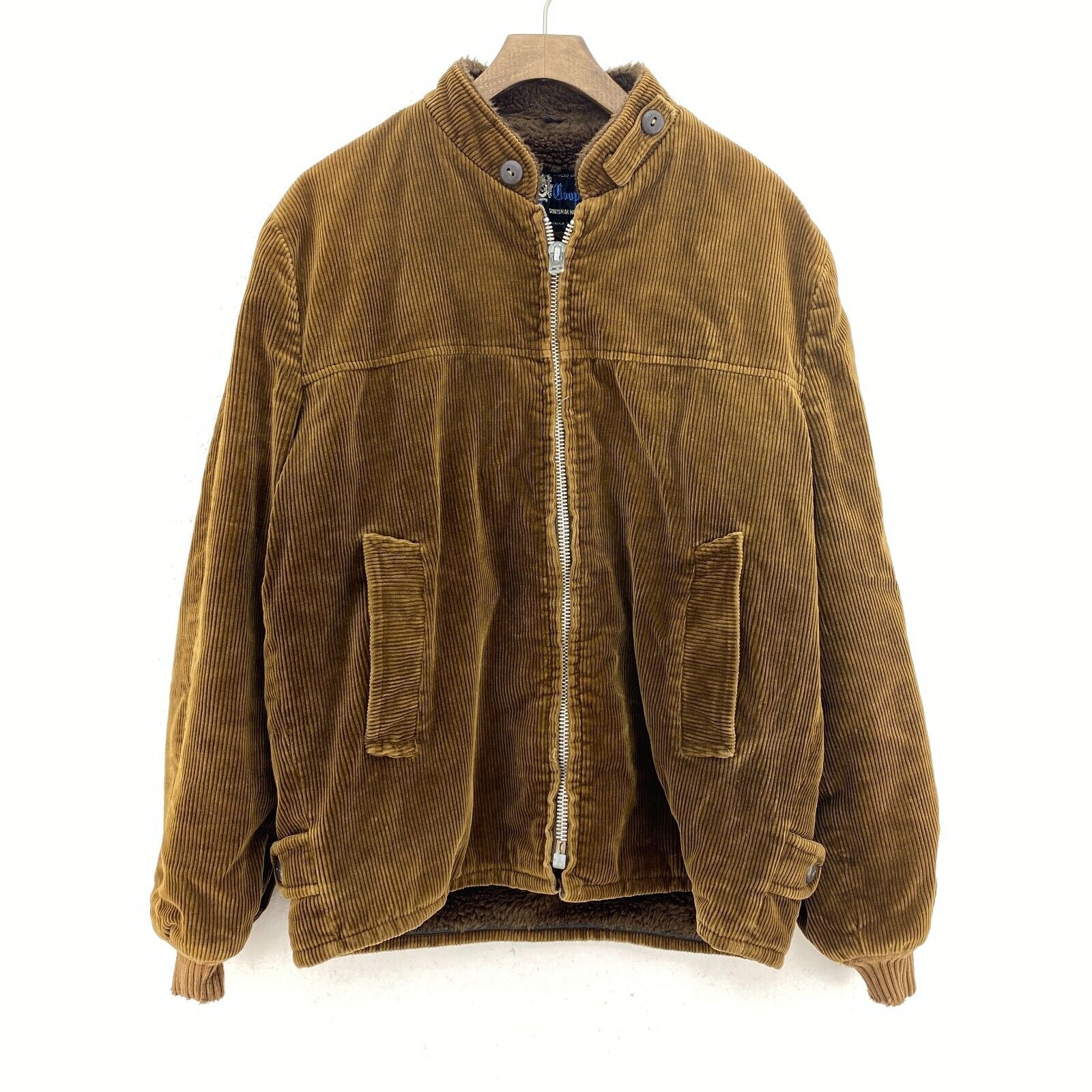 Brown Corduroy Full Zip Bomber Jacket Size M Fleece Lined 80s Scovill Zipper