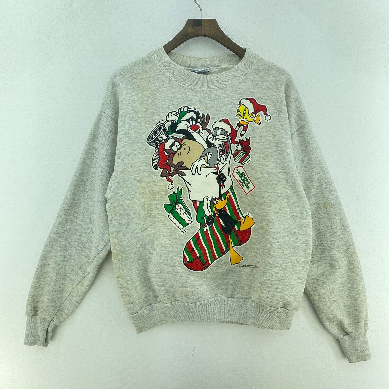 Warner Bros Happy Holidays Tweety Bugs Bunny 1994 Gray Sweatshirt Size L
