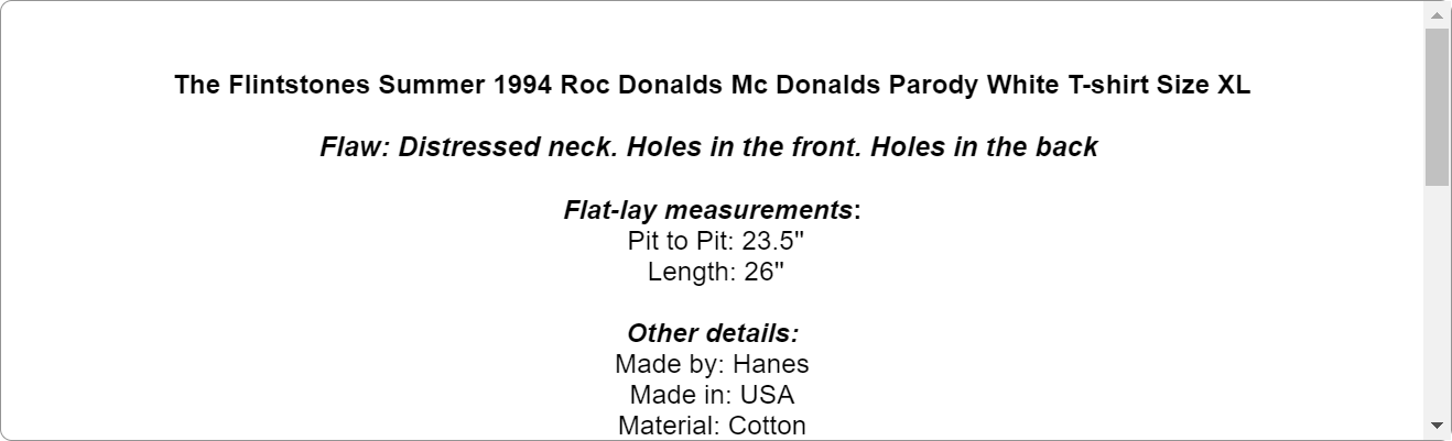 The Flintstones Summer 1994 Roc Donalds Mc Donalds Parody White T-shirt Size XL
