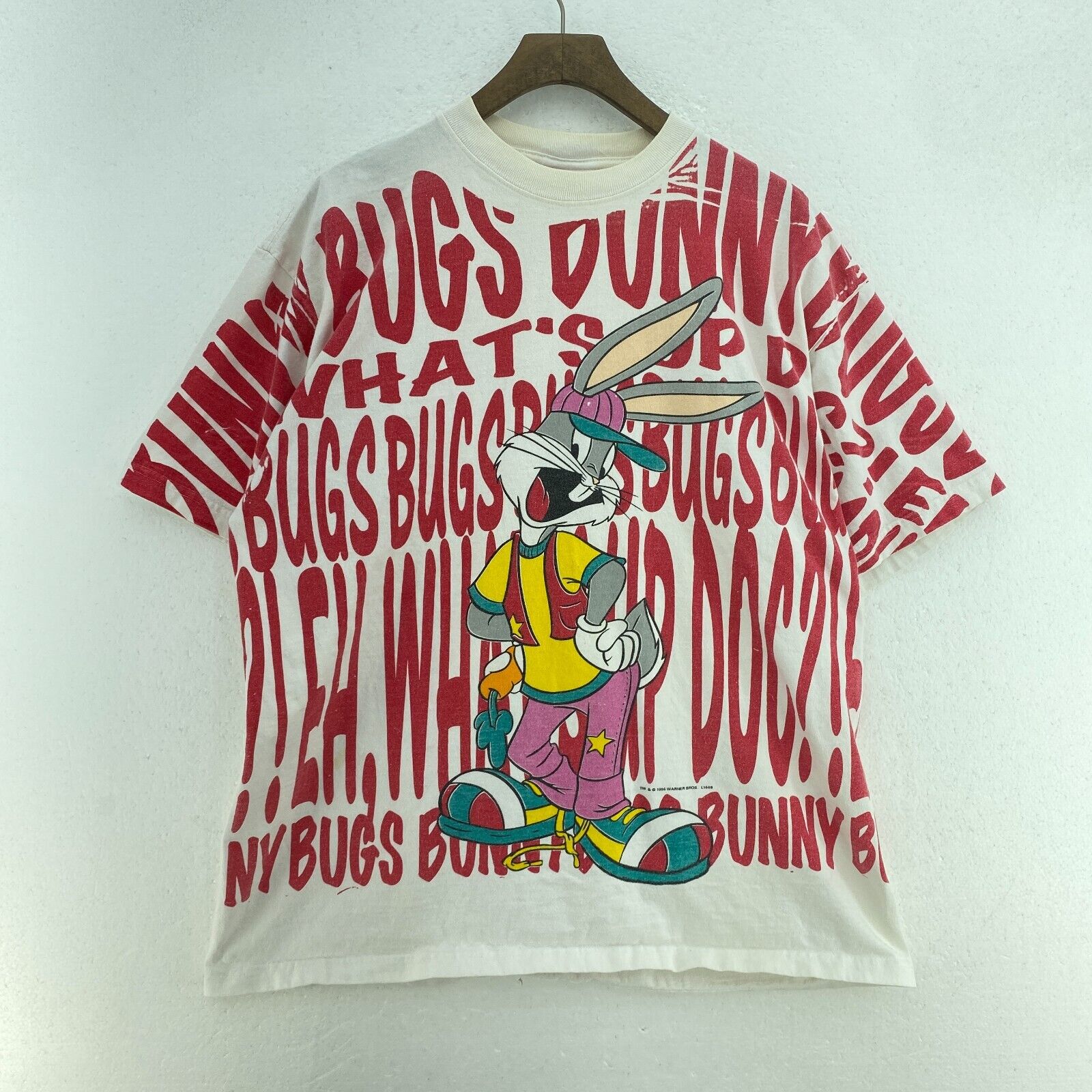 1996 Warner Bros Bugs Bunny White T-shirt Novel Teez Size XL All Over Print