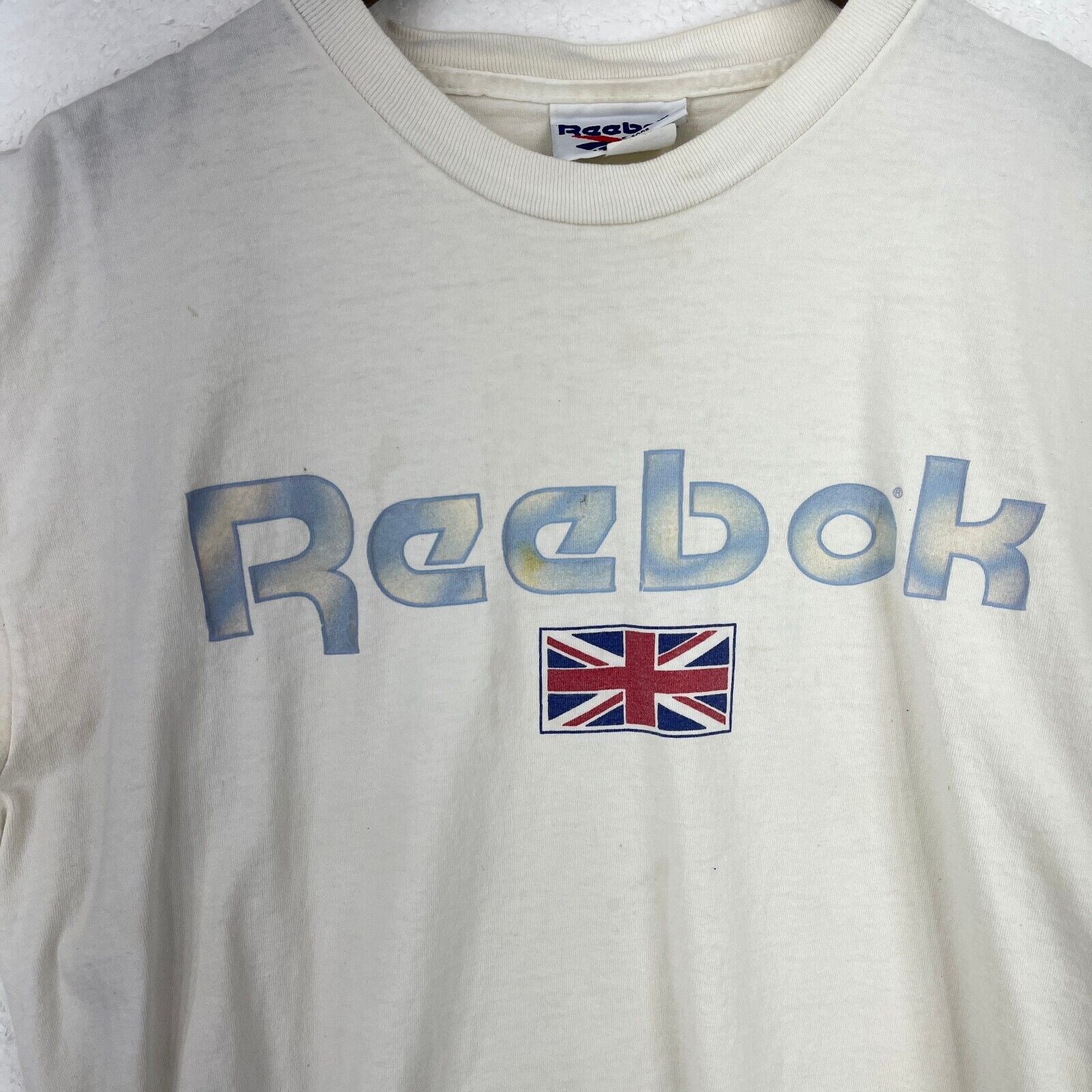 Vintage Reebok Graphic Print White T-shirt Size L Single Stitch