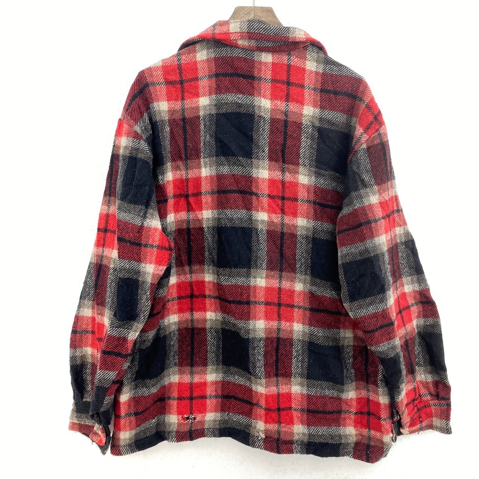Vintage Red Black Checked Double Pocket Snapped Wool Shirt Jacket Size L