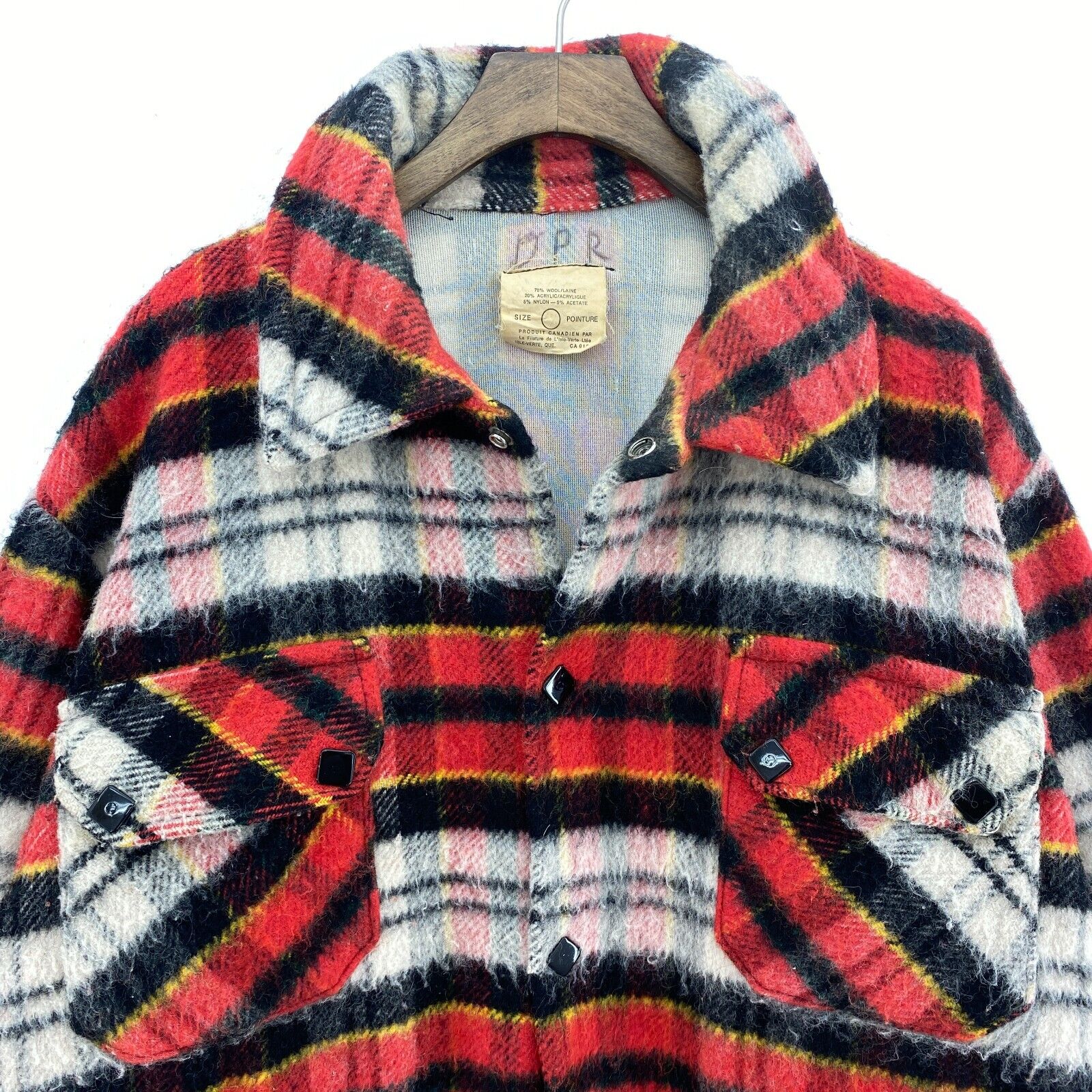 Vintage Red Black Checked Snapped Wool Shirt Jacket Size 42