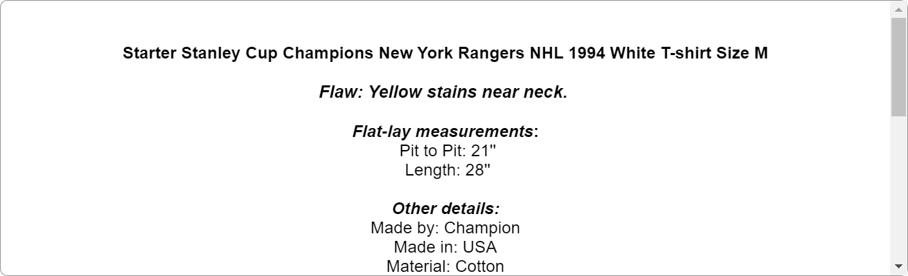 Starter Stanley Cup Champions New York Rangers NHL 1994 White T-shirt Size M