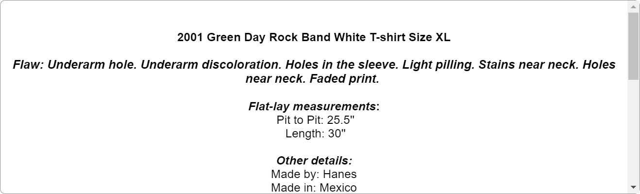 2001 Green Day Rock Band White T-shirt Size XL