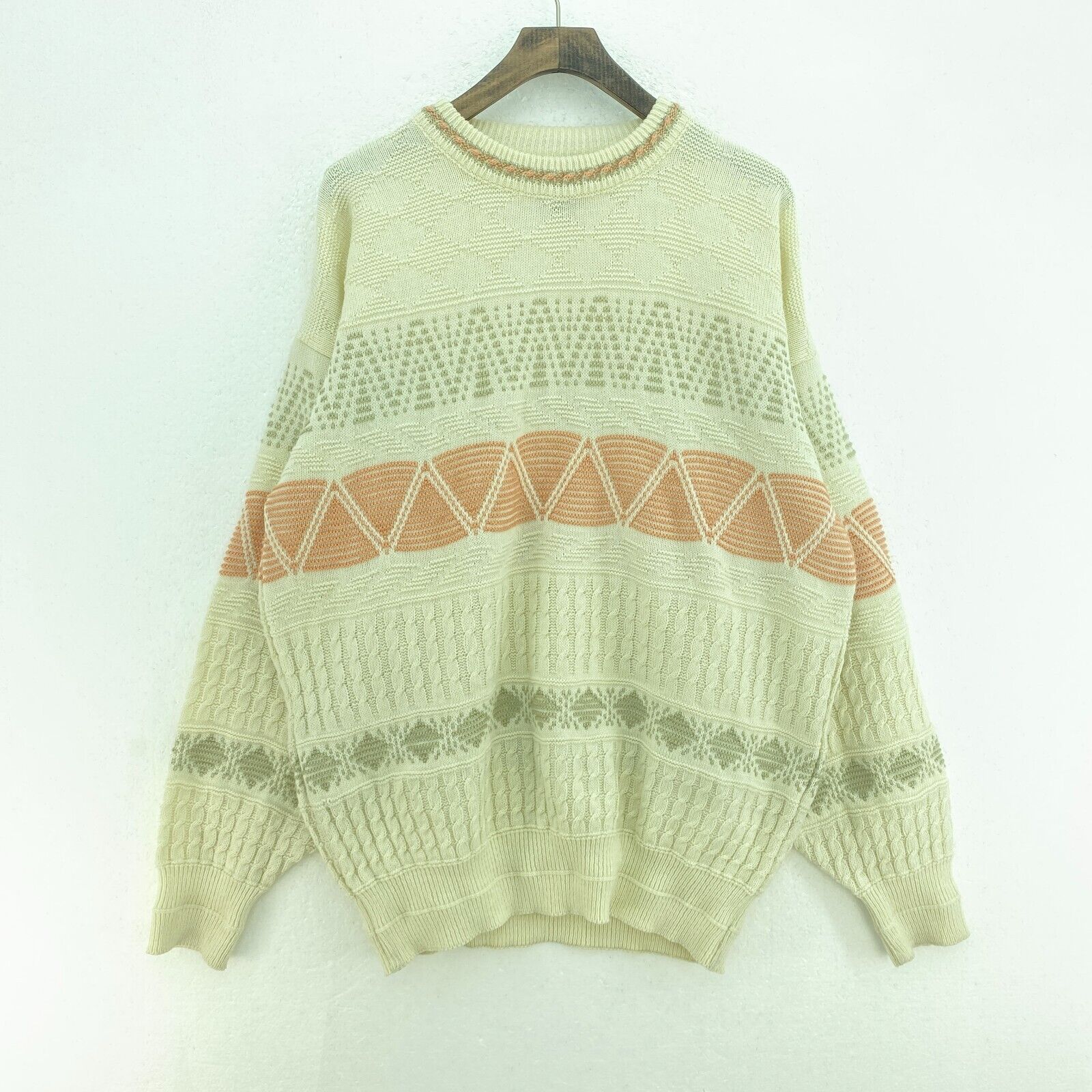 Vintage 3-D Wool Sweater Size L Beige Geometric Knit Women's