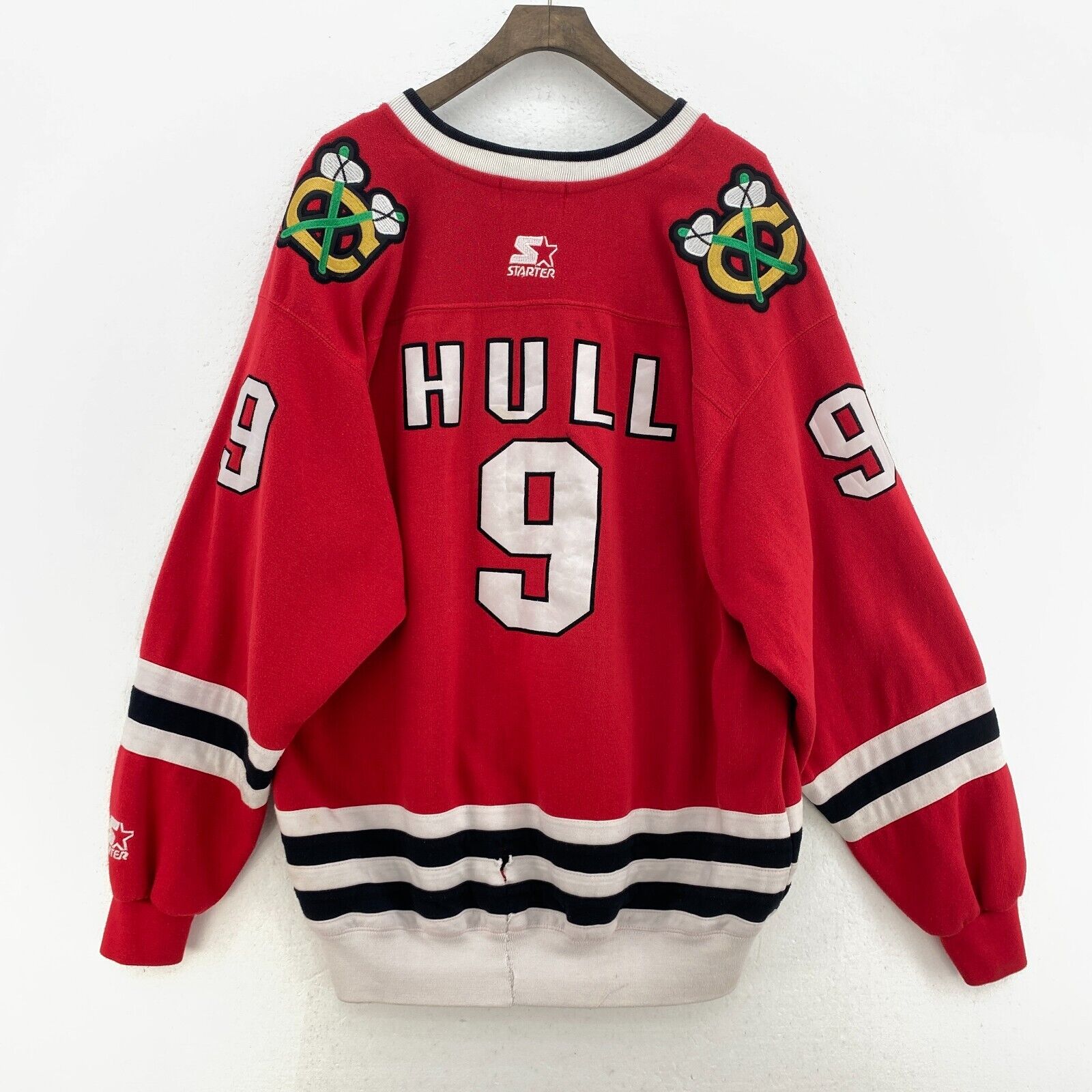 9 Robert Marvin Hull Chicago Black Hawks Red Sweatshirt NHL Starter Size L