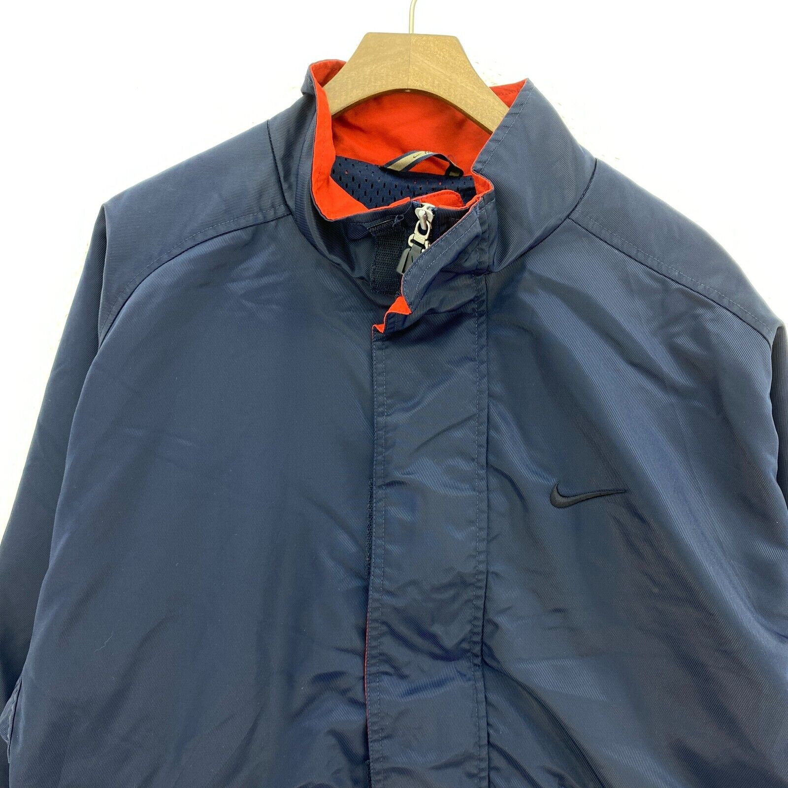 Nike Swoosh Embroidered Logo Satin Full Zip Navy Blue Bomber Jacket Size M