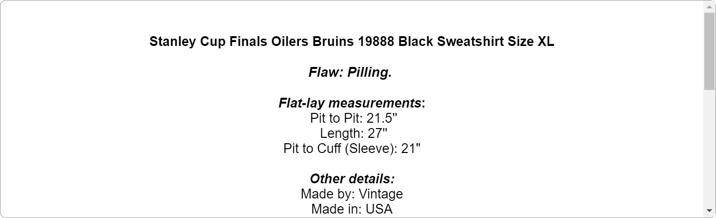 Stanley Cup Finals Oilers Bruins 19888 Black Sweatshirt Size XL