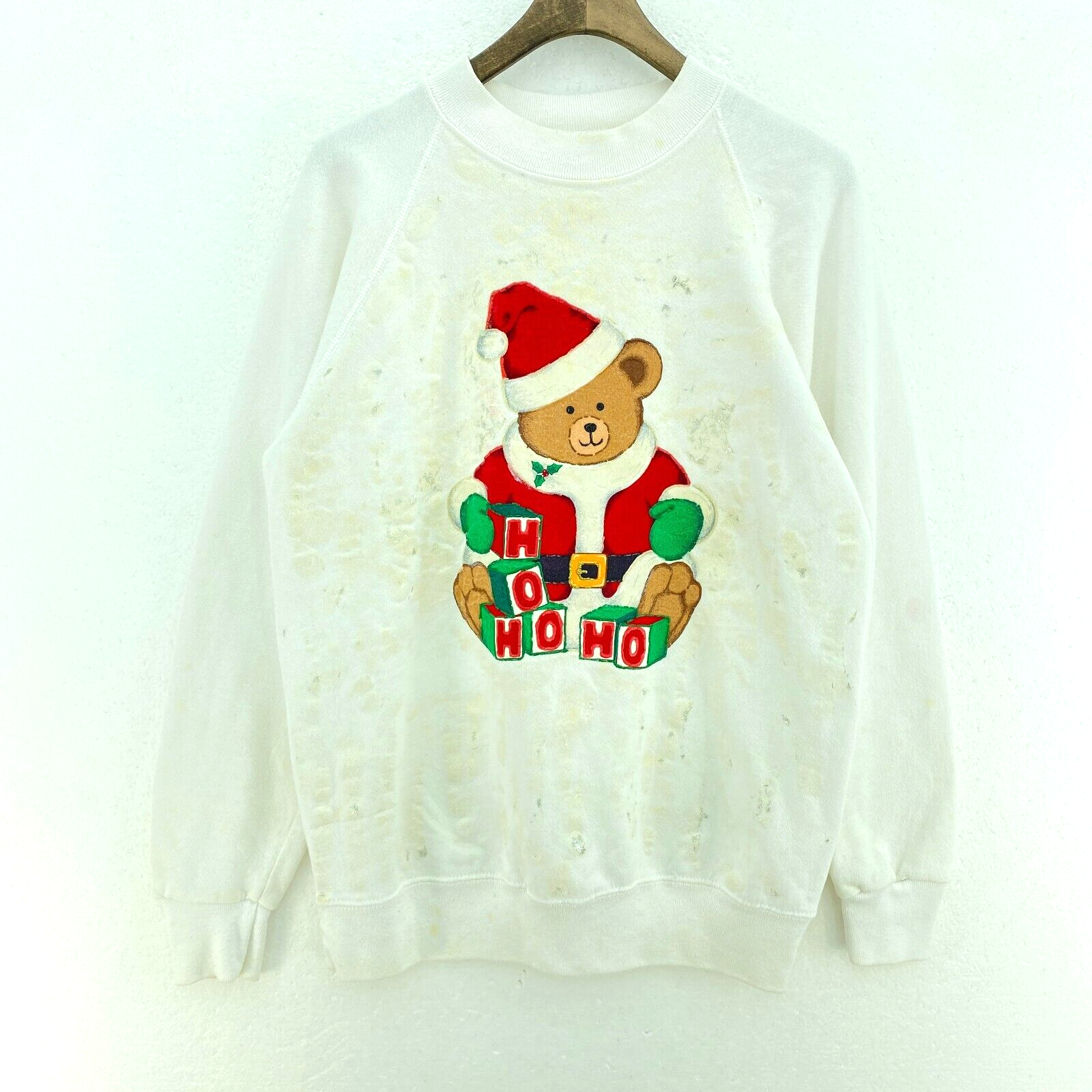 Bear Santa Ho Ho Ho Christmas White Sweatshirt Size L Crewneck