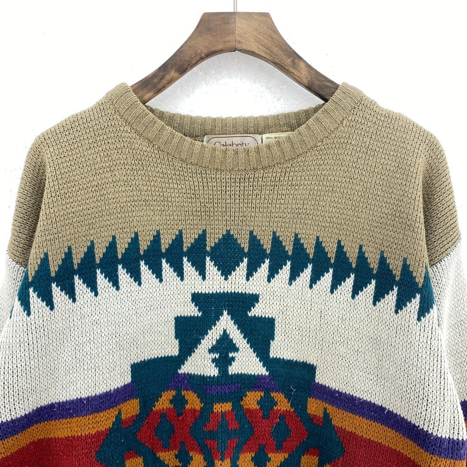 Vintage Aztec Print Crewneck Beige Knit Sweater Size M