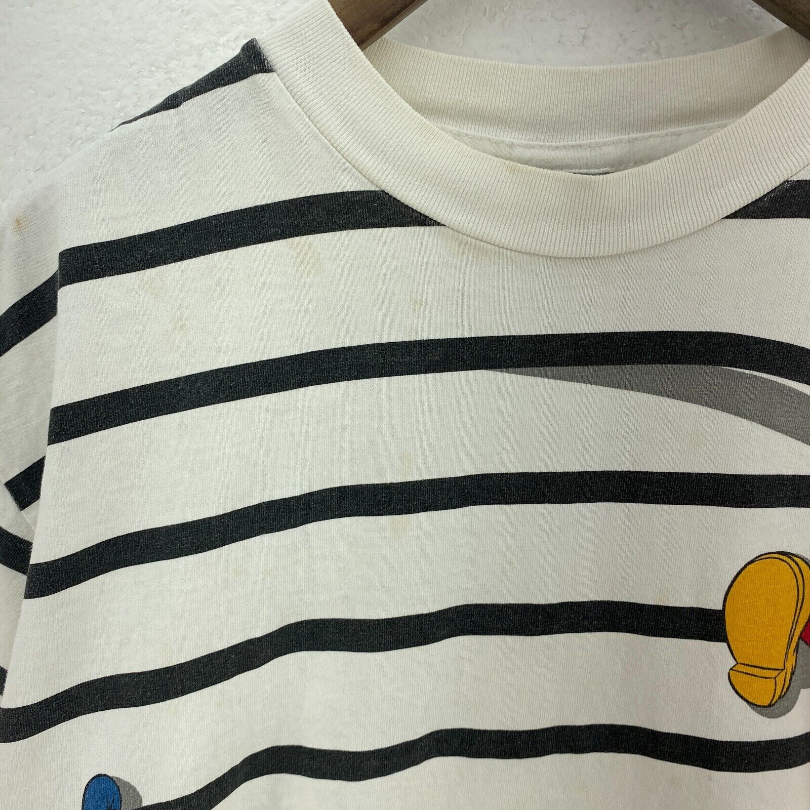 Disney Striped Mickey Mouse Donald Duck T-shirt Size M White Tee