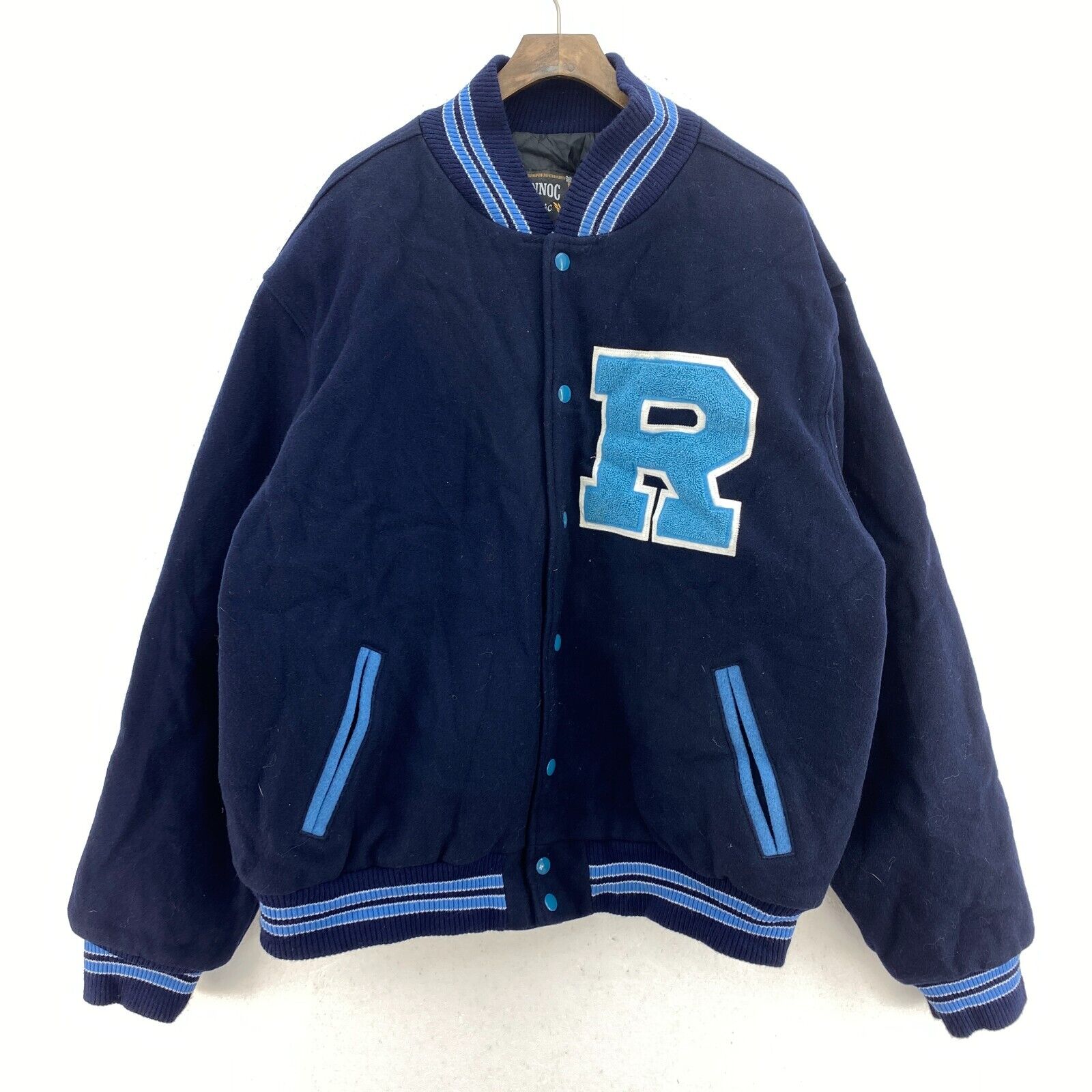 Rowayton Letterman College Navy Blue Snapped Bomber Jacket Size XL