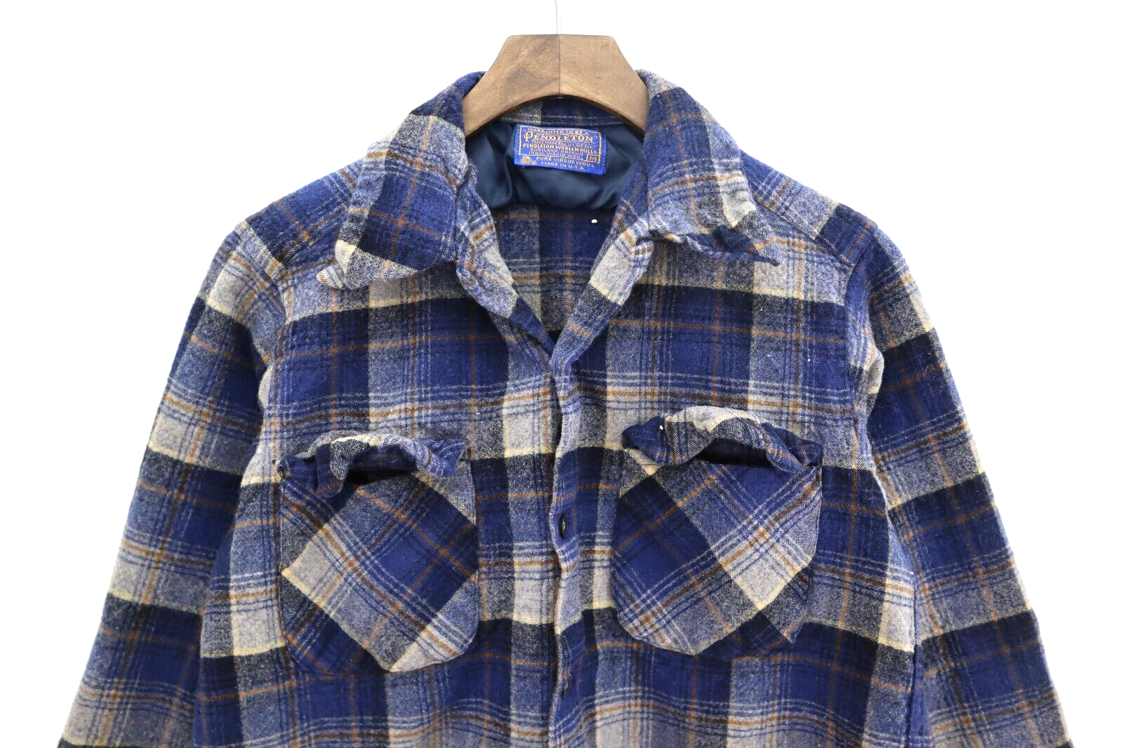 Vintage Pendleton Blue Checked Double Pocket Wool Button Up Shirt Size M