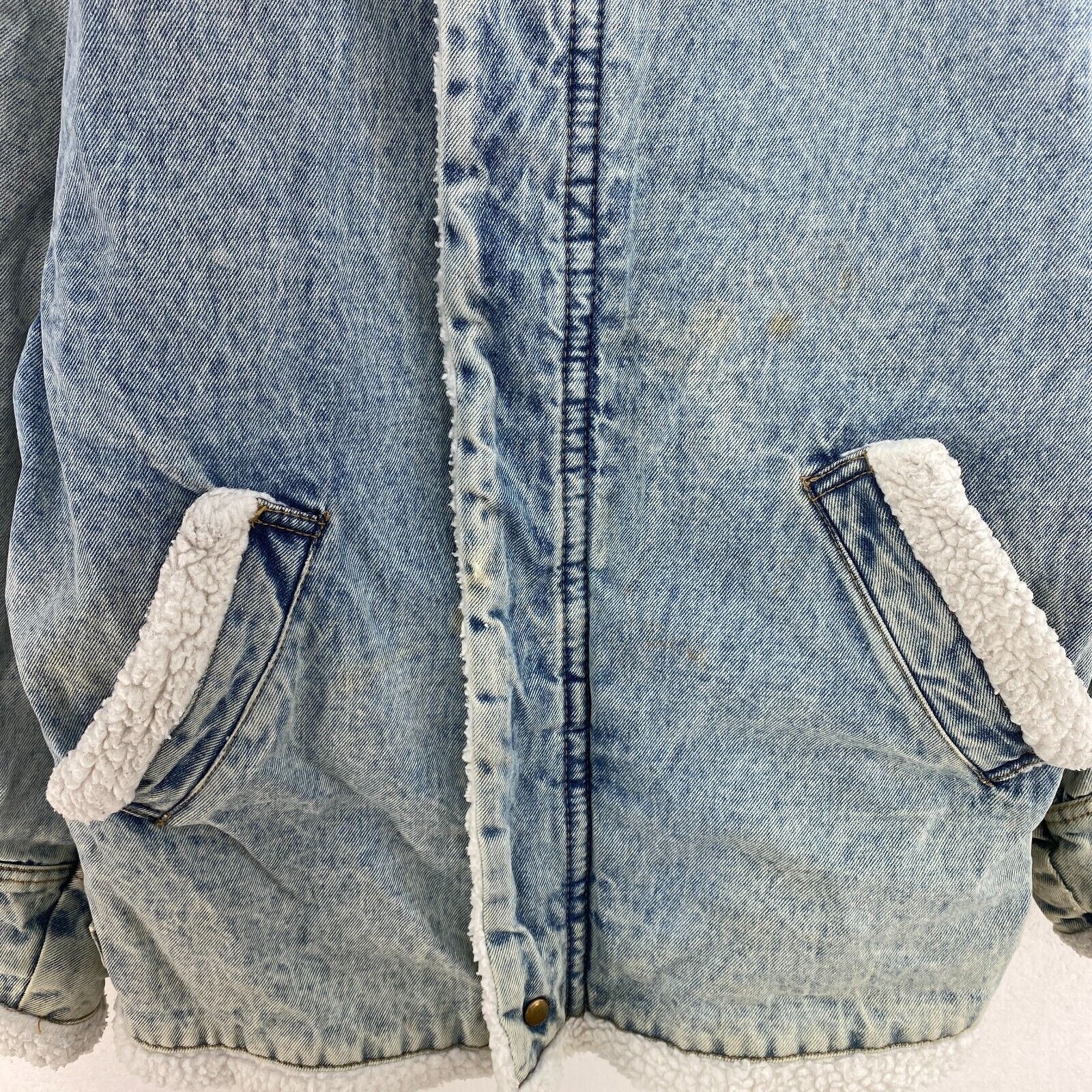 Vintage Sherpa Lined Full Zip Acid Wash Blue Denim Jacket Size M