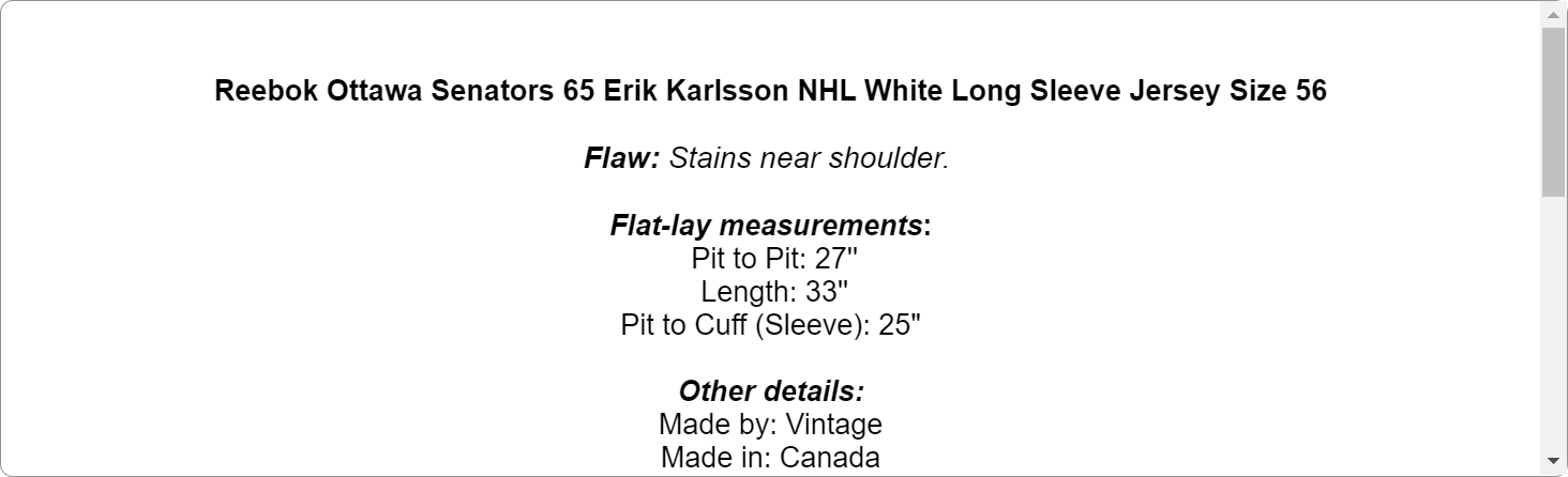 Reebok Ottawa Senators 65 Erik Karlsson NHL White Long Sleeve Jersey Size 56