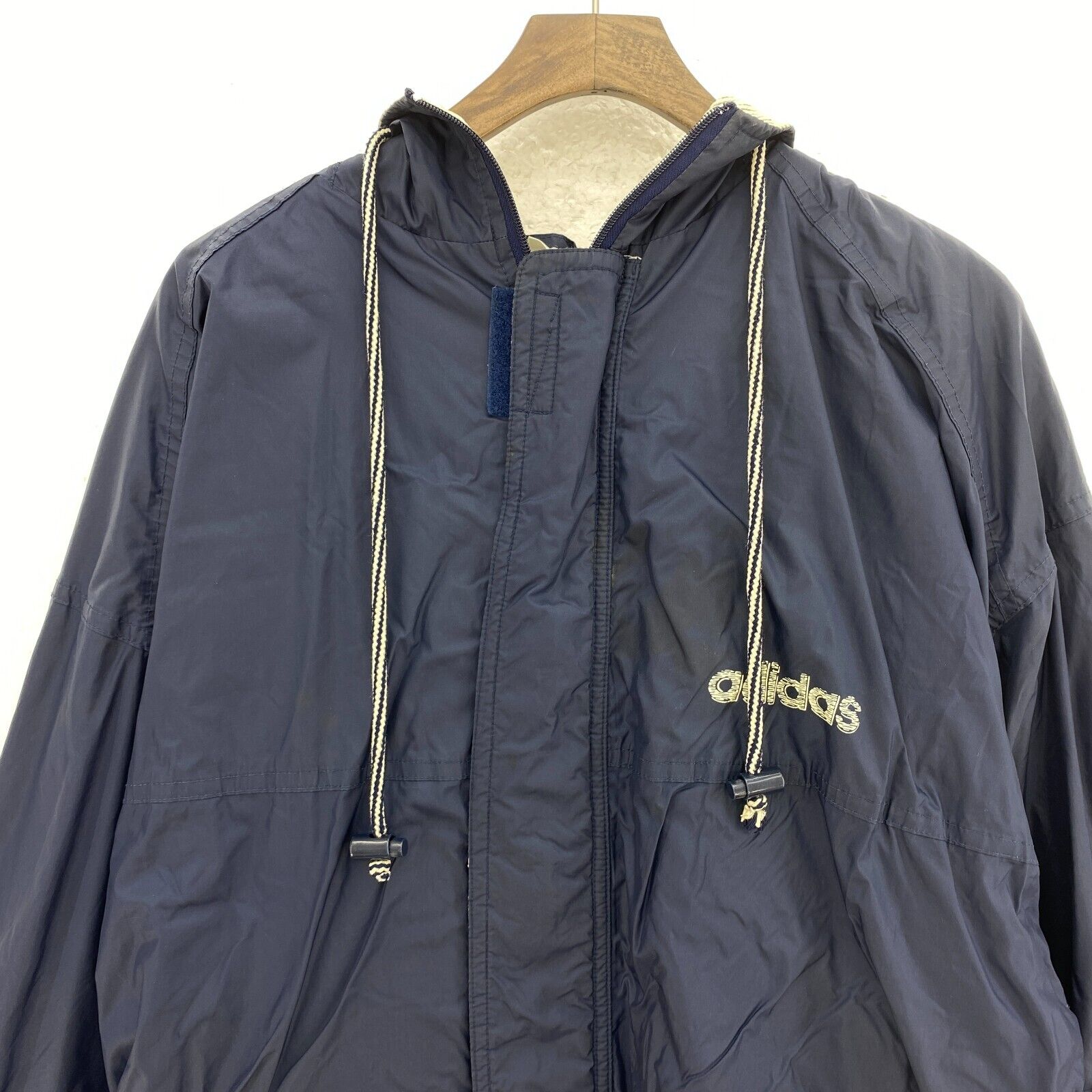 Adidas Full Zip Print Logo Hooded Textured Lined Navy Blue Light Jacket Size S