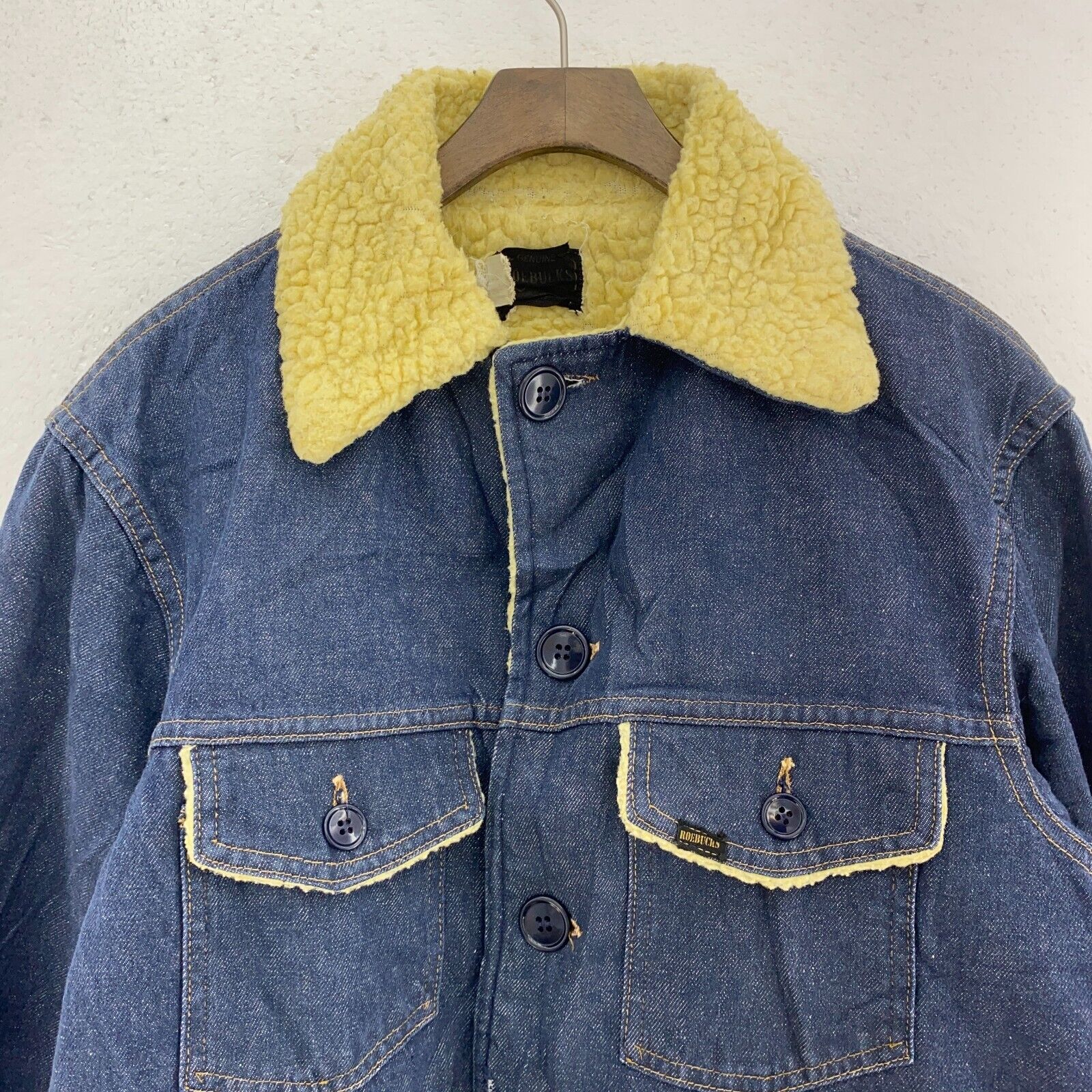 Vintage Sherpa Line Dark Wash Blue Denim Jacket Size 42 Button Up