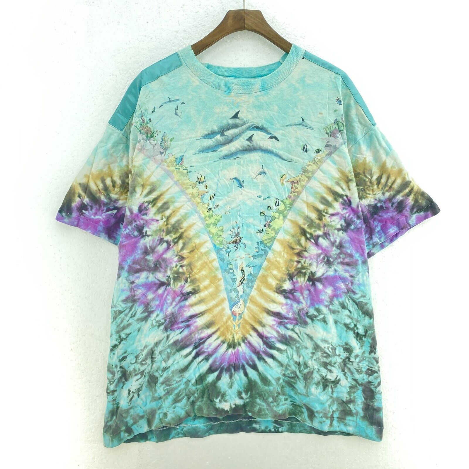 Vintage Liquid Blue Blue Tie Dye Sea Animals T-shirt Size XL Tee