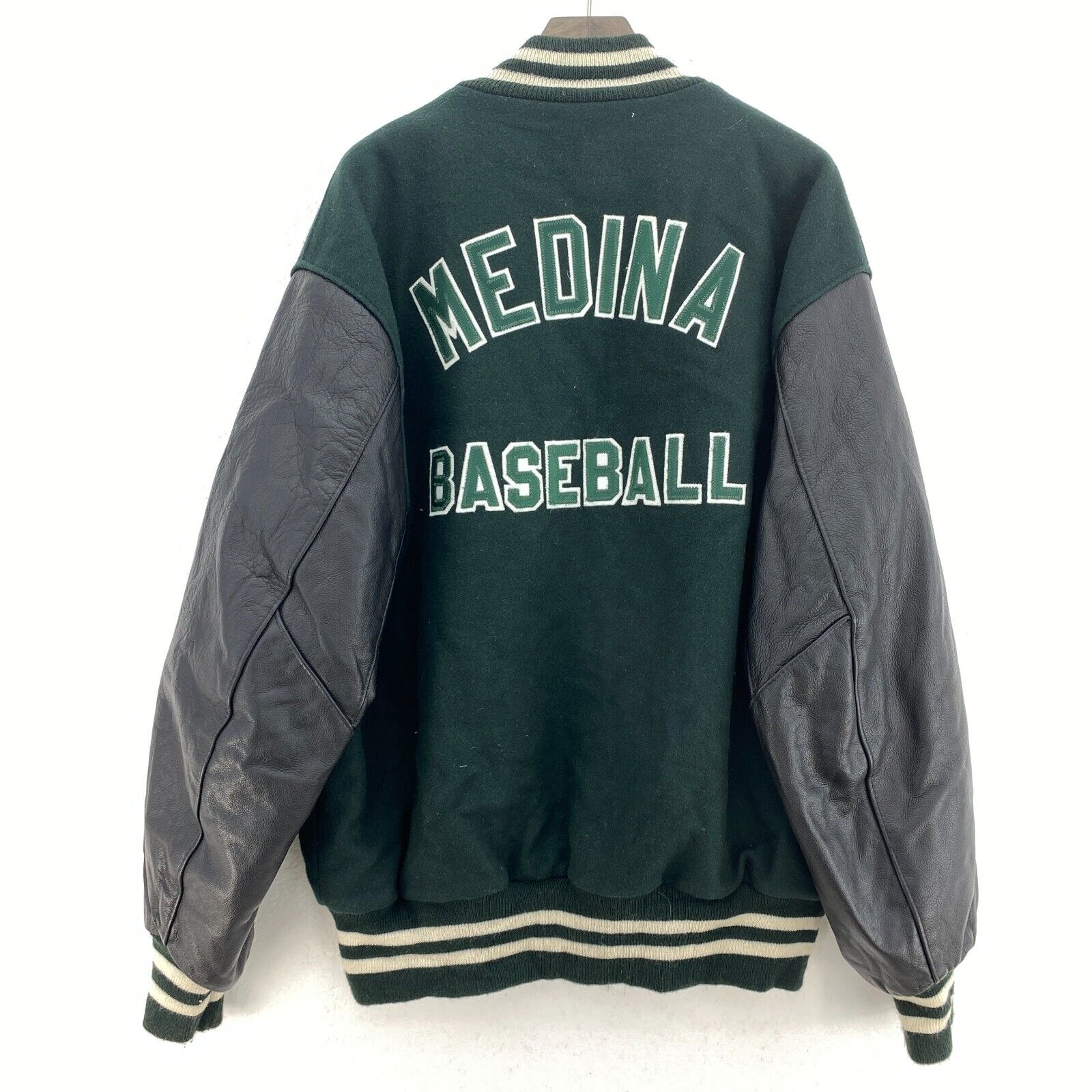 Vintage Medina Baseball Green Snapped Bomber Jacket Size 2XL Leather Sleeve