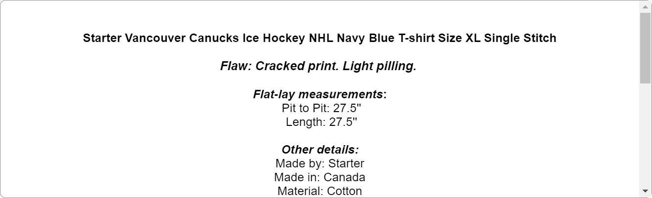 Starter Vancouver Canucks Ice Hockey NHL Navy Blue T-shirt Size XL Single Stitch