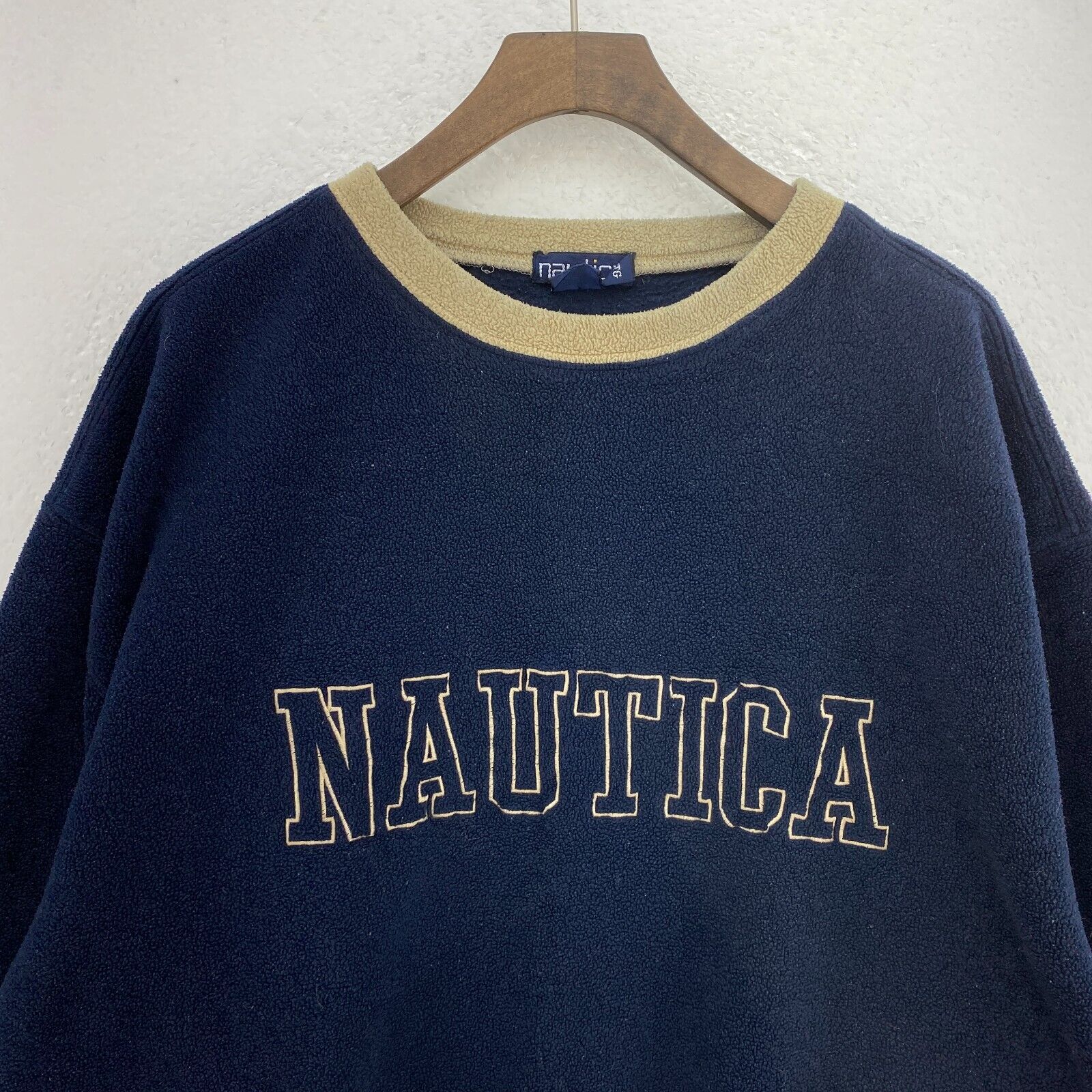 Vintage Nautica Logo Navy Blue Fleece Crew Neck Sweatshirt Size XL