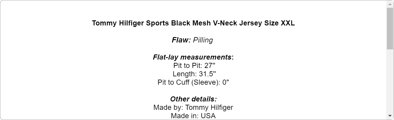 Tommy Hilfiger Sports Black Mesh V-Neck Jersey Size XXL