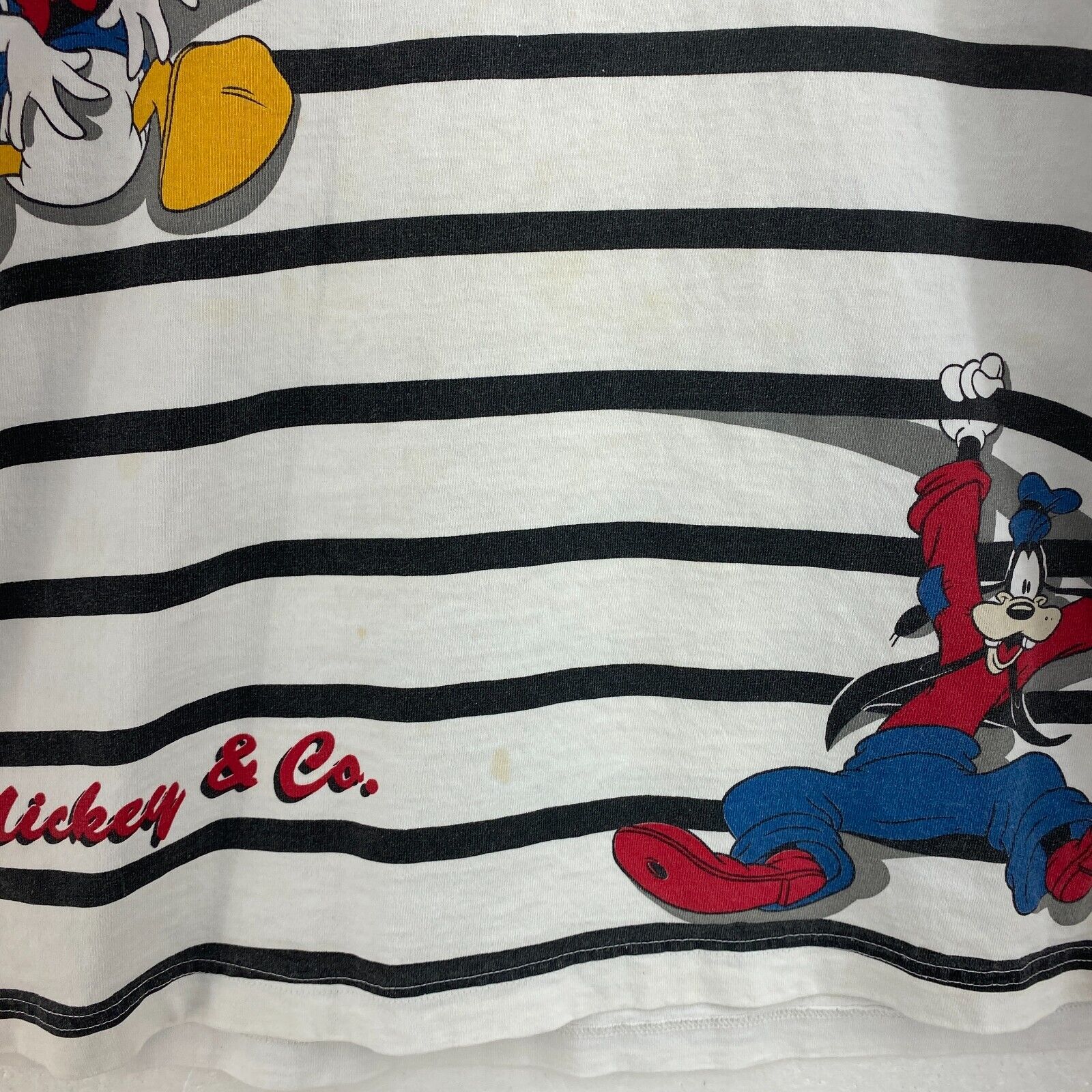 Disney Striped Mickey Mouse Donald Duck T-shirt Size M White Tee