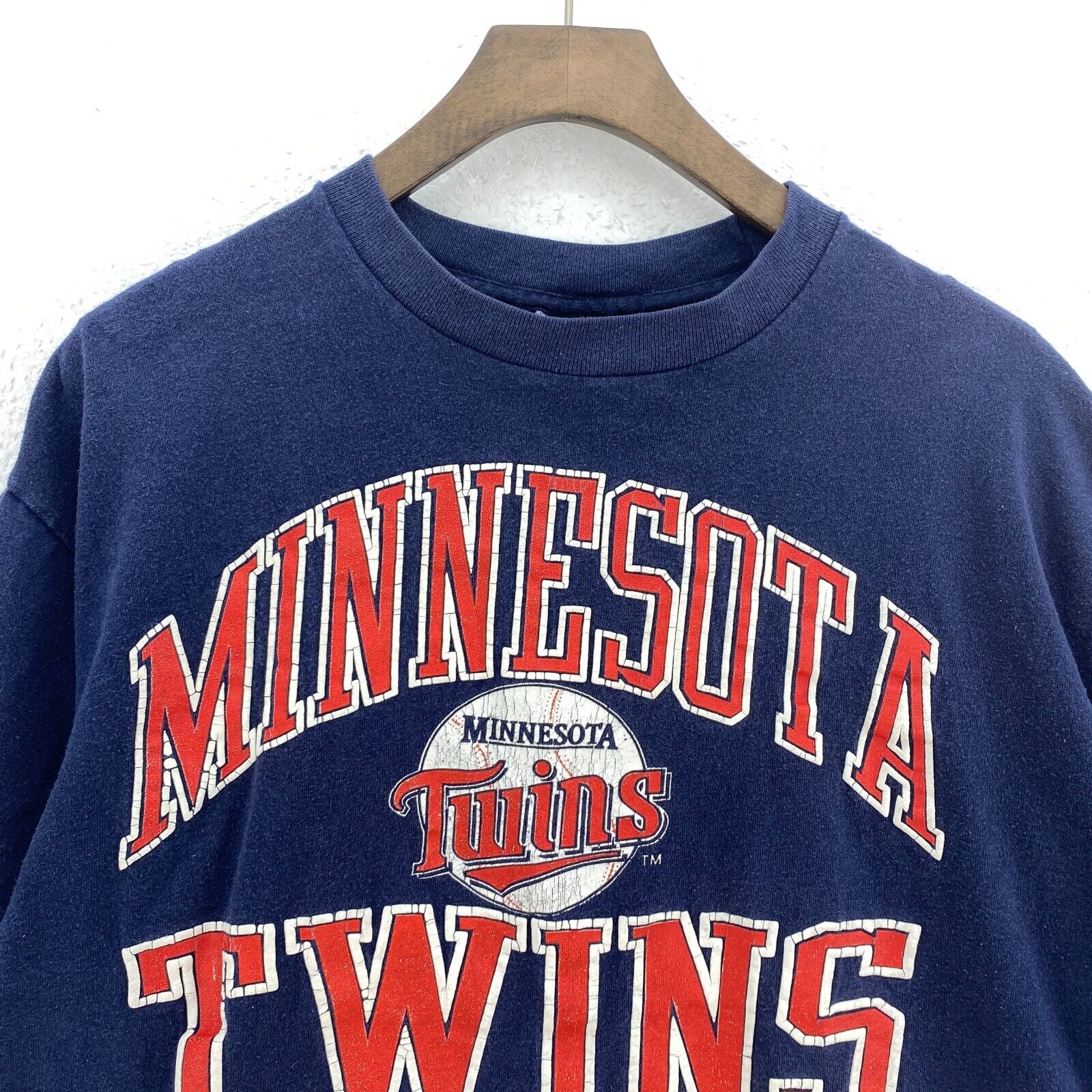 Vintage Logo 7 Minnesota Twins 1991 MLB T-shirt Size L Blue Single Stitch
