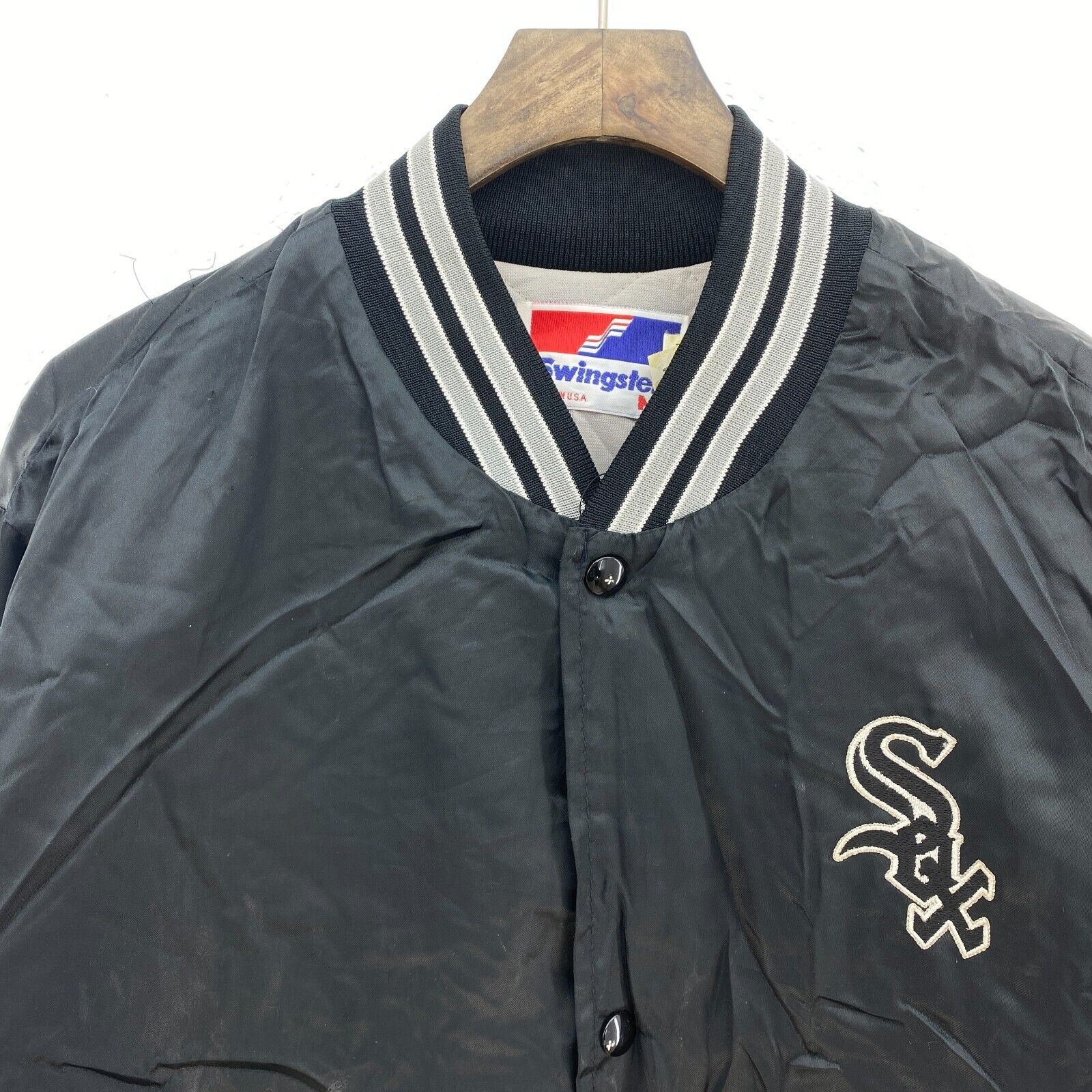 Vintage Swingster College Satin Snapped Black Bomber Jacket Size M