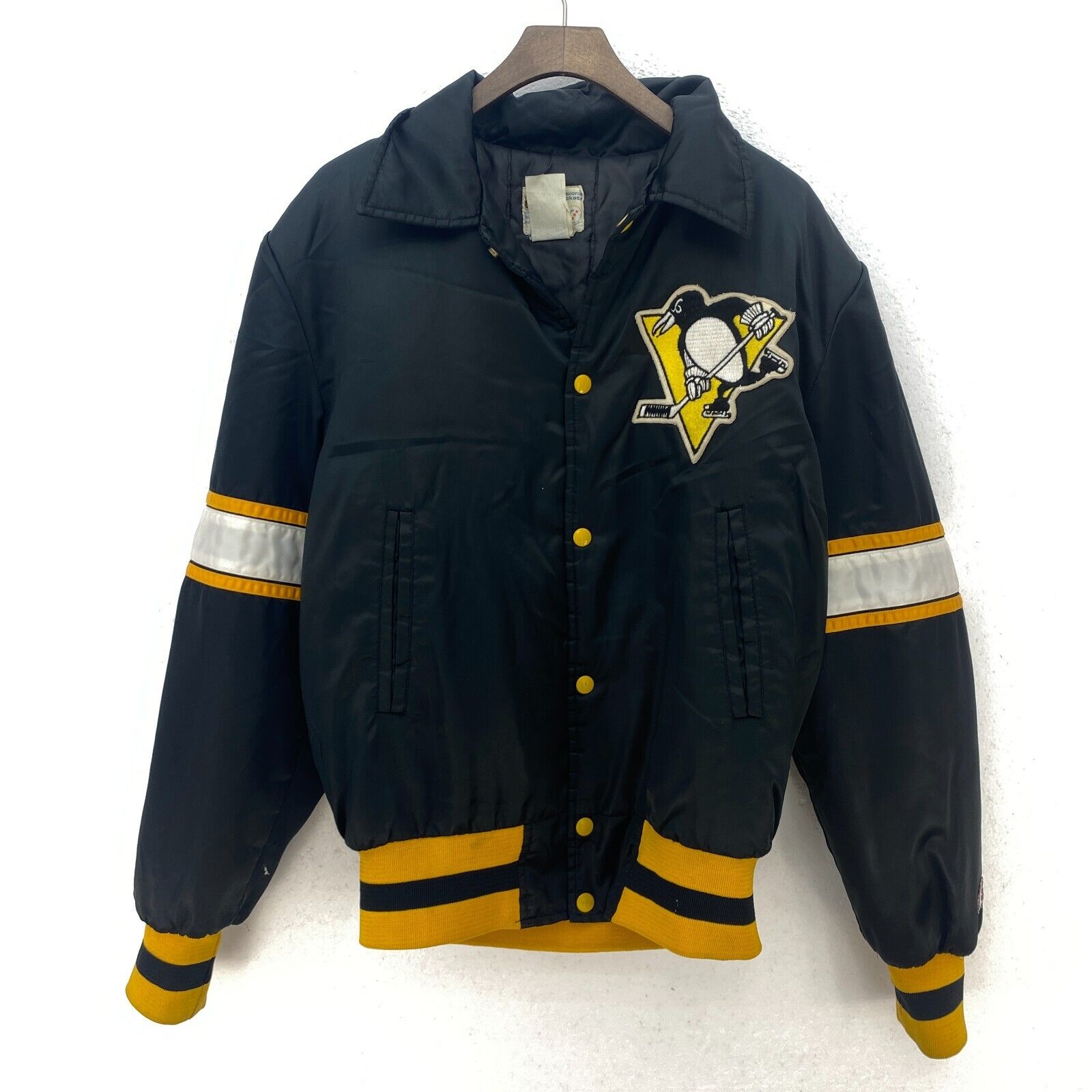 Pittsburgh Penguins Logo Satin Bomber Jacket Size M Black NHL Ice Hockey