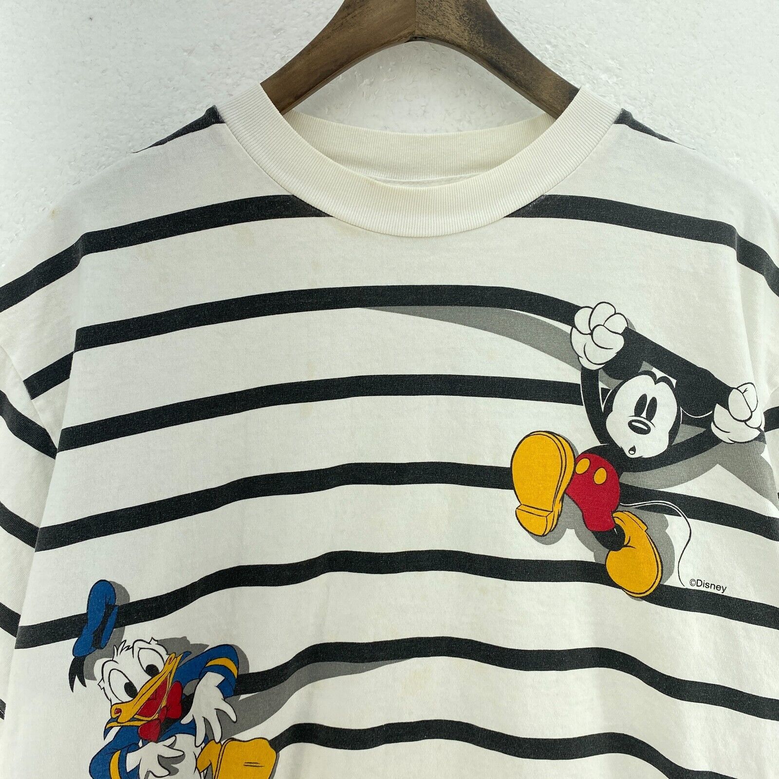Disney Striped Mickey Mouse Donald Duck T-shirt Size M White Tee