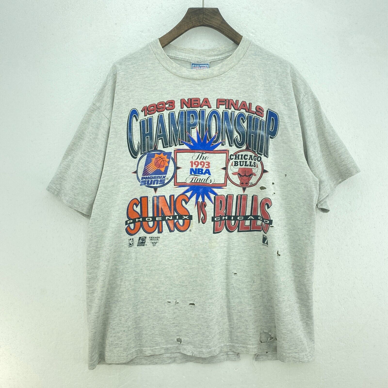 Logo 7 1993 NBA Championship Phoenix Suns Chicago Bulls NBA Gray T-shirt Size XL