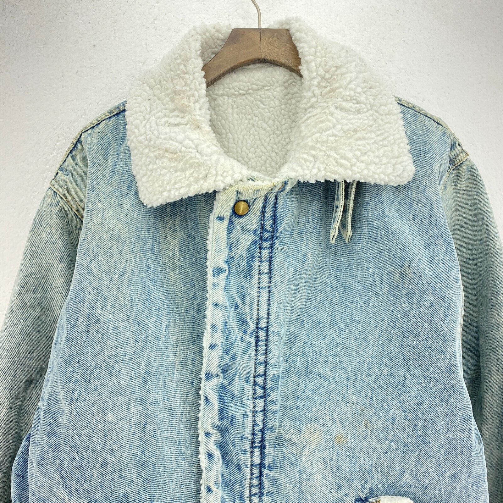 Vintage Sherpa Lined Full Zip Acid Wash Blue Denim Jacket Size M