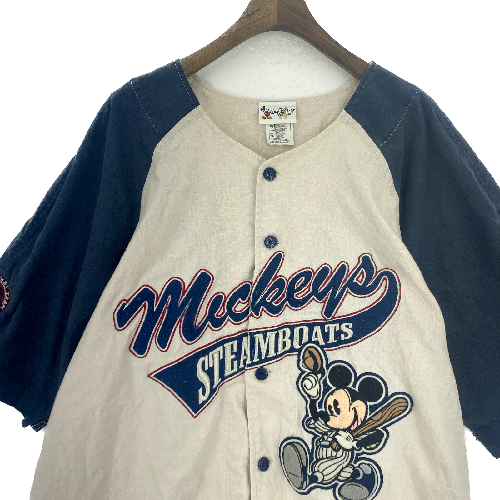 Walt Disney Mickey Mouse Steamboats Beige Baseball Button Up Shirt Size XL