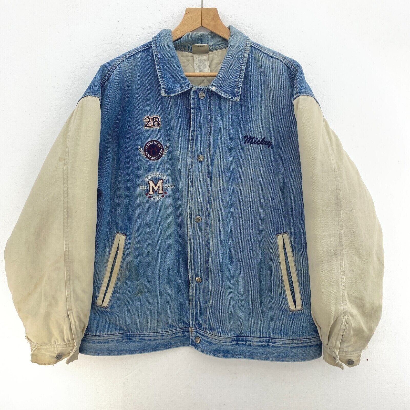 Walt Disney Mickey Mouse Medium Wash Insulated Denim Varsity Jacket Size L Blue