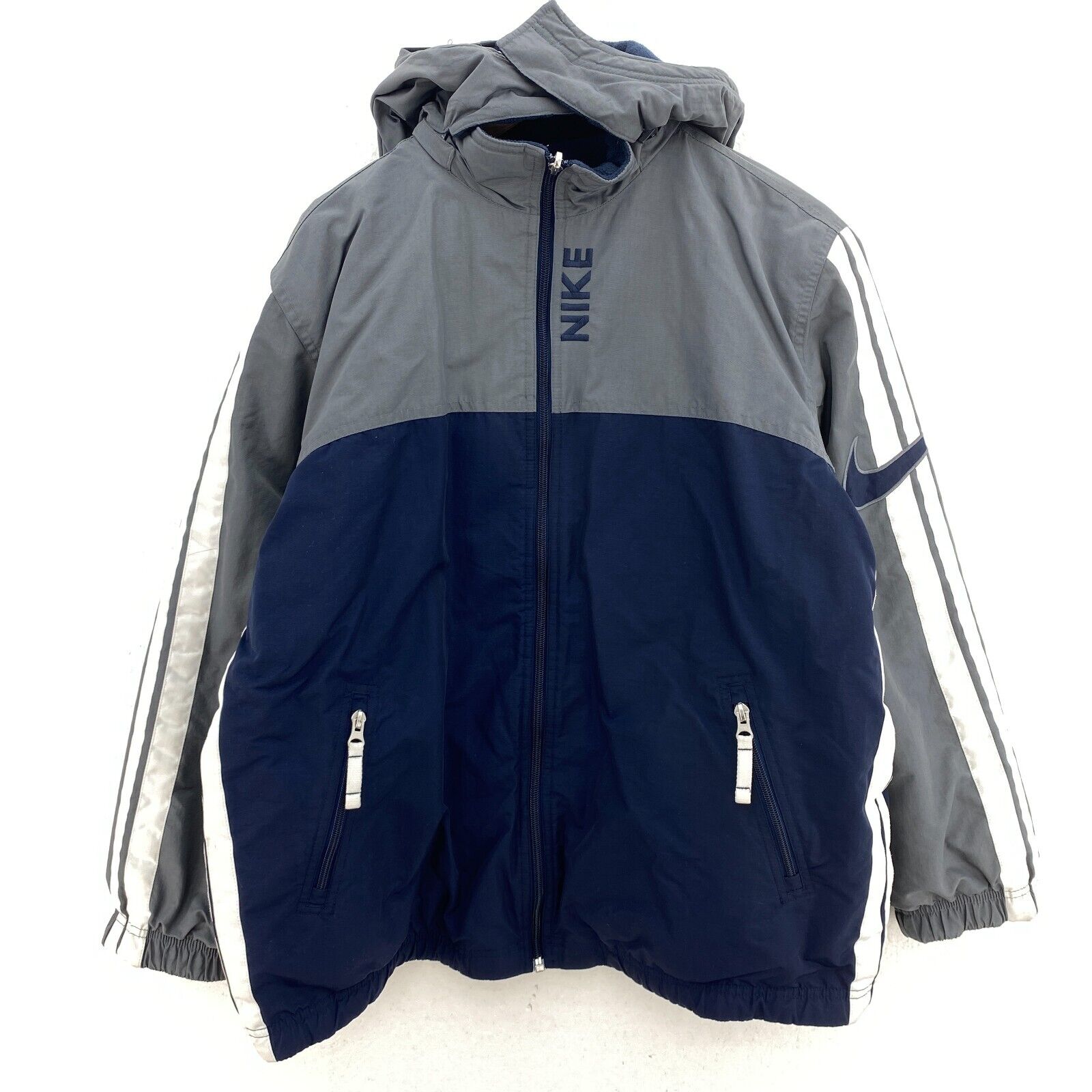 Nike Reversible Full Zip Navy Blue Gray Hooded Jacket Size XL Fleece